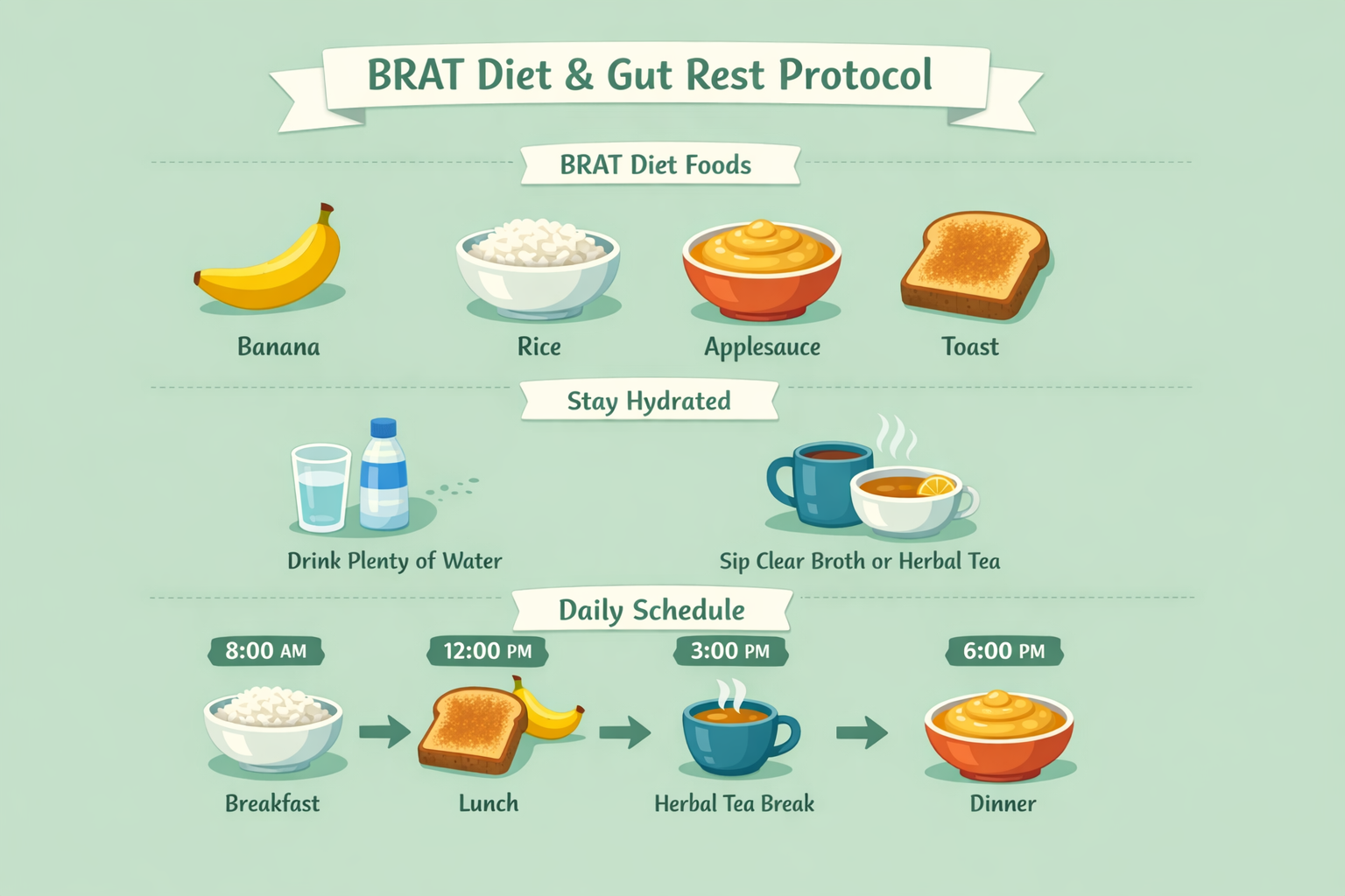 Step-by-step visual checklist for the BRAT diet and gut-rest protocol: illustrated foods (banana, rice, applesauce, toast),