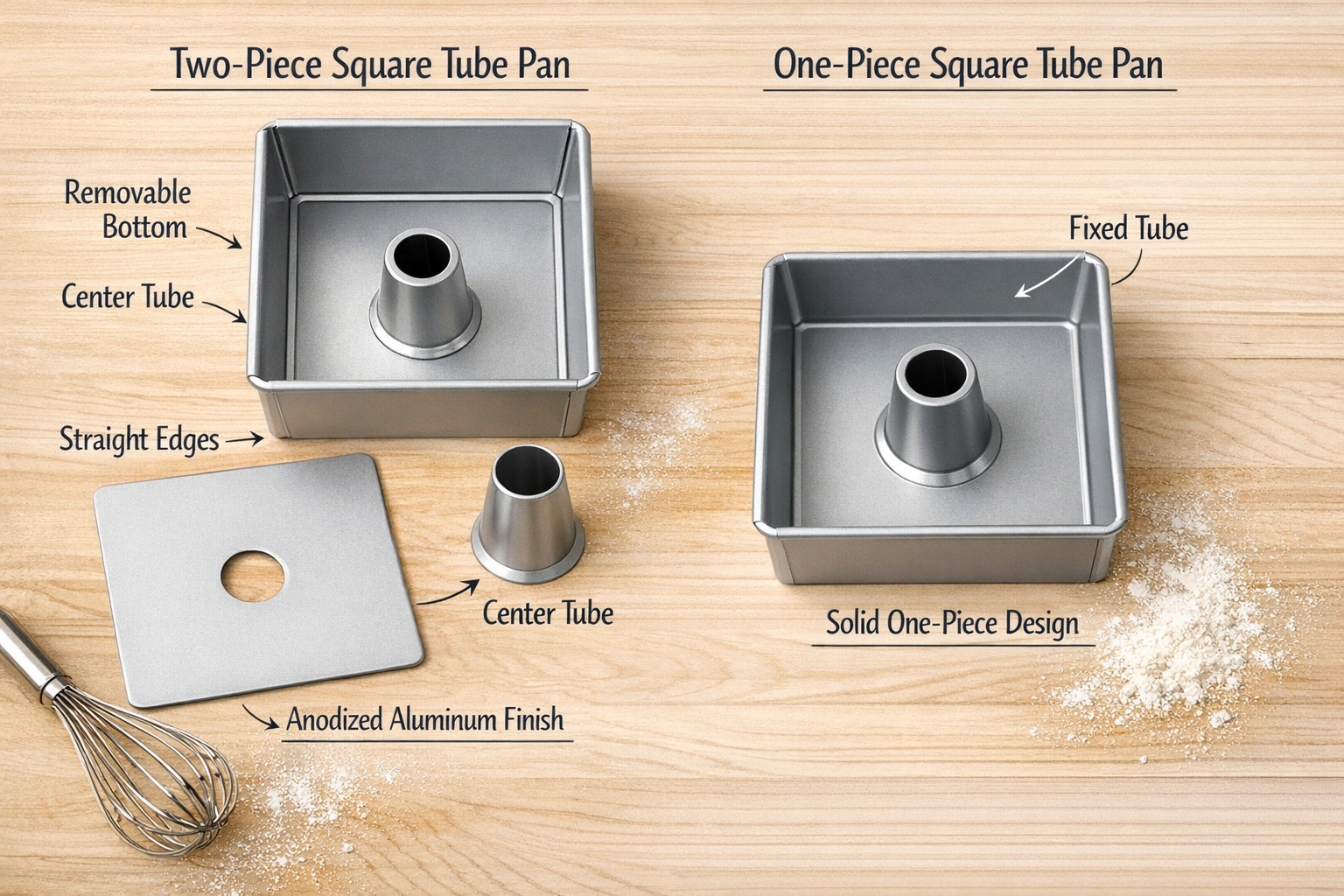 Detailed landscape format (1536x1024) editorial photo showing a top-down comparison of a two-piece square tube pan and a one-piece square tu
