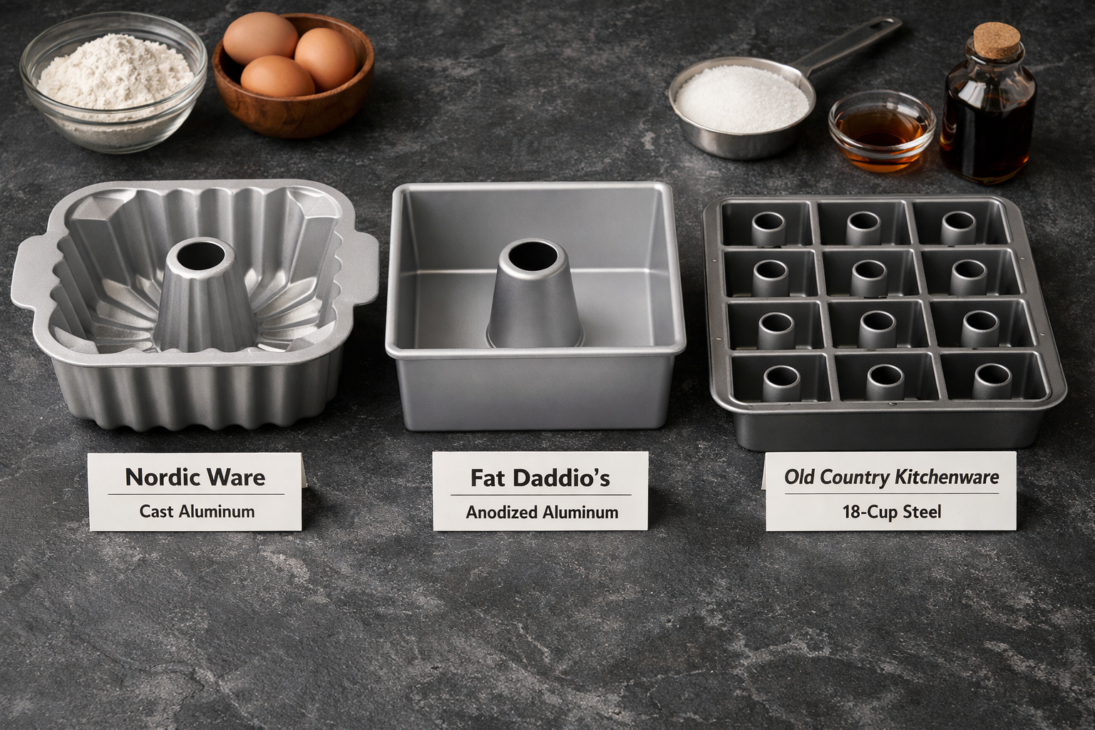 Detailed landscape format (1536x1024) editorial-quality photo of three square tube pans made from different materials arranged on a dark sla
