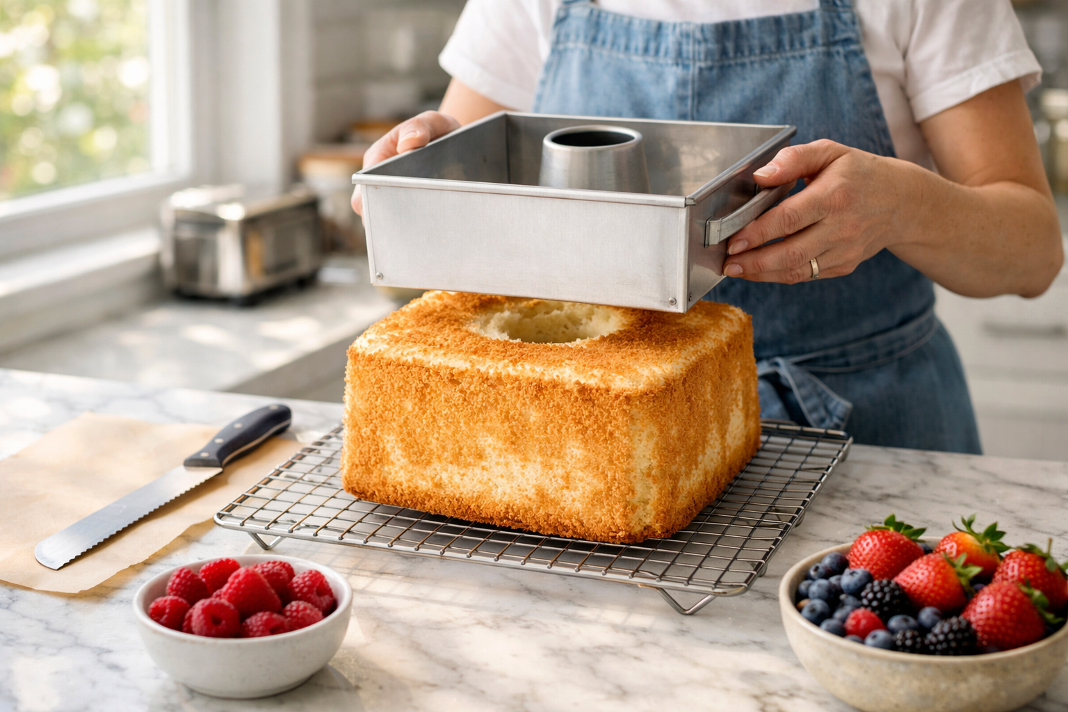 Detailed landscape format (1536x1024) bright editorial photo of a home baker removing a perfectly golden square-shaped angel food cake from 