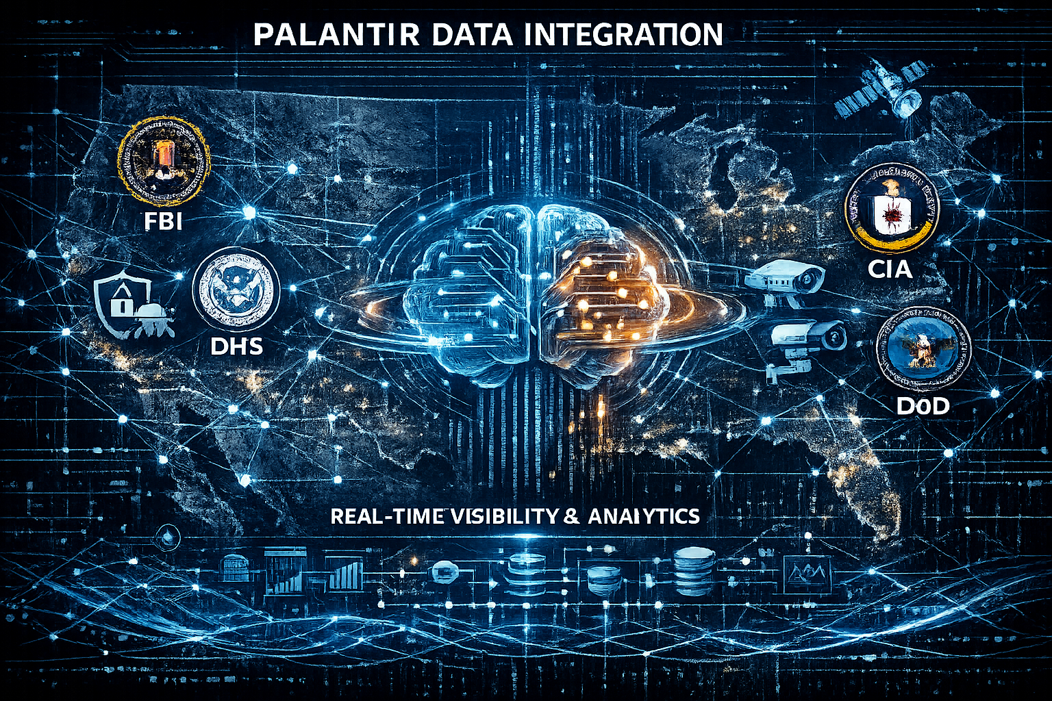 Complex digital visualization illustrating Palantir's core data integration technologies, featuring transparent network graphs overlaying a 
