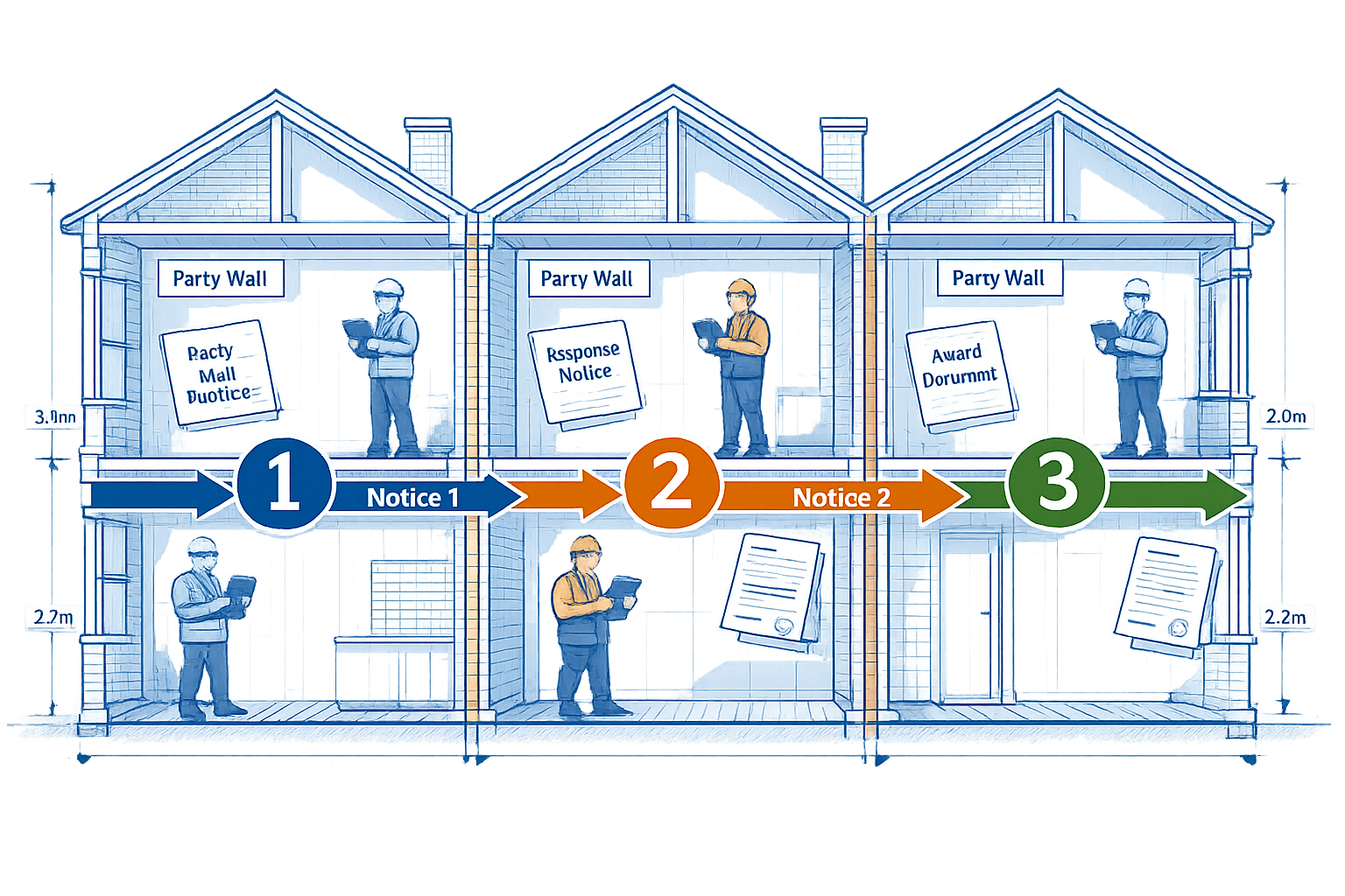 () detailed illustration showing cross-section view of three connected townhouses sharing party walls in high-density