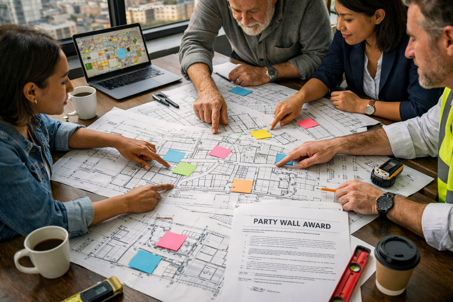 () professional photograph of diverse group of five property surveyors gathered around large table covered with multiple
