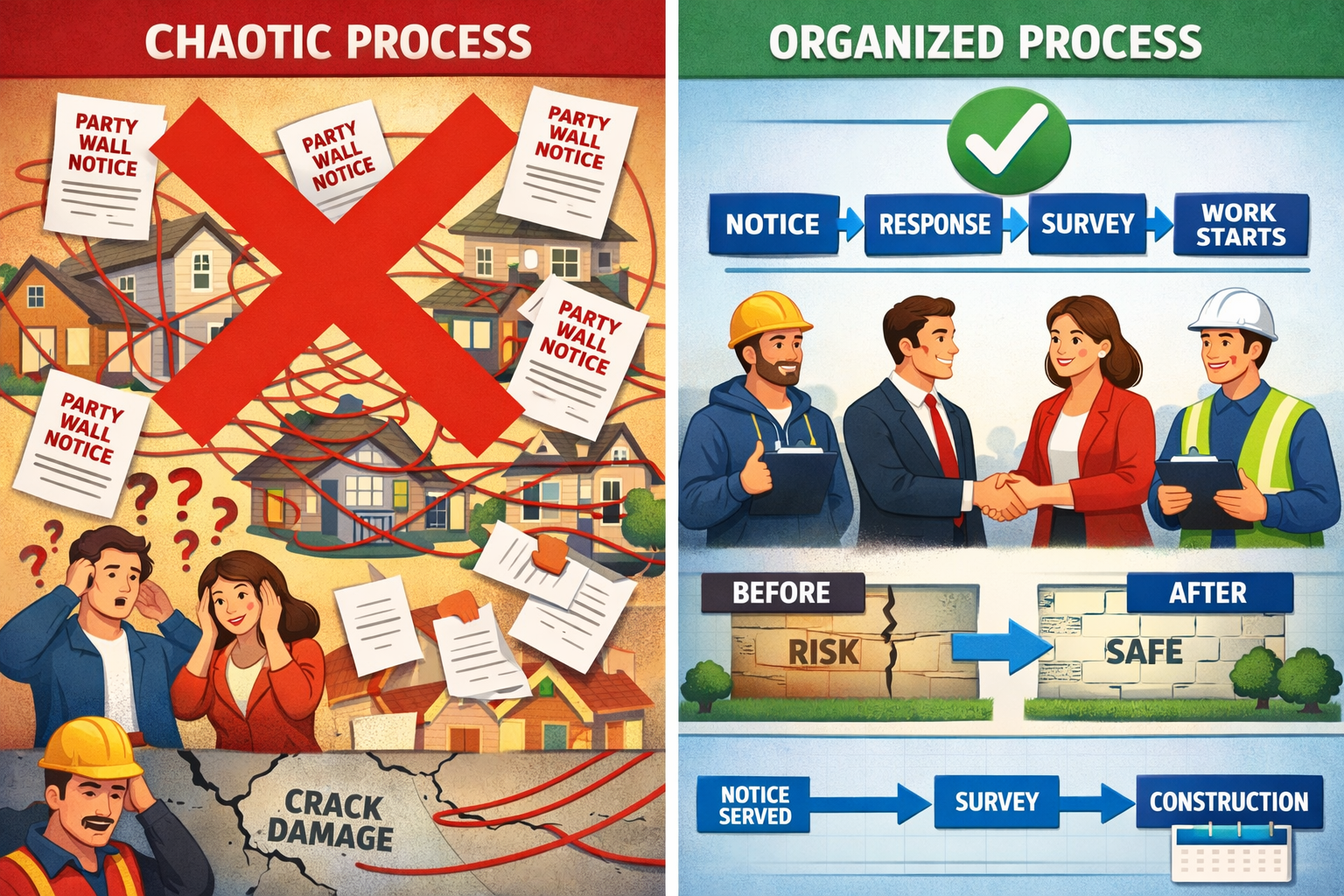 () split-screen comparison image showing left side as chaotic scene with red X depicting disorganized party wall notices