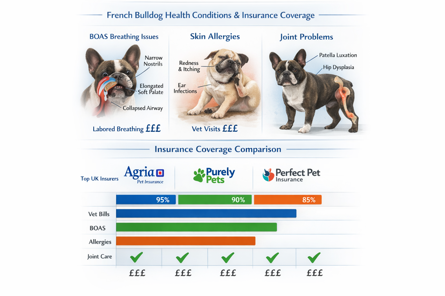 Portrait format (1024x1536) infographic showing French Bulldog health conditions with insurance coverage comparison chart. Visual elements i