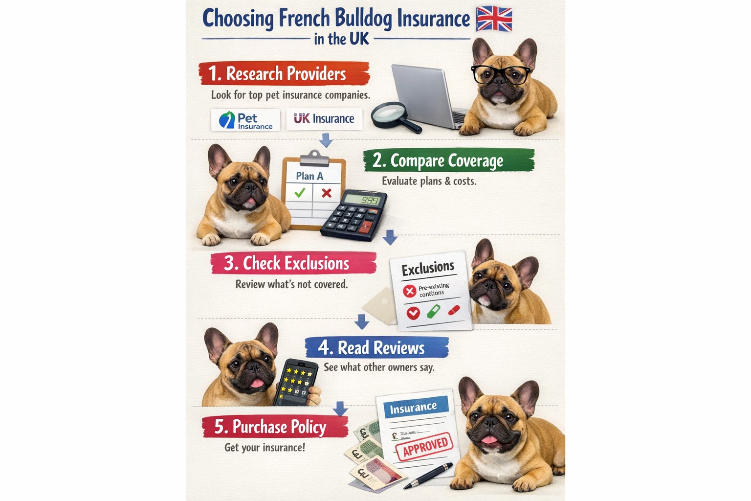 Portrait format (1024x1536) step-by-step visual guide for choosing French Bulldog insurance in UK. Shows numbered process from 1-5 with icon