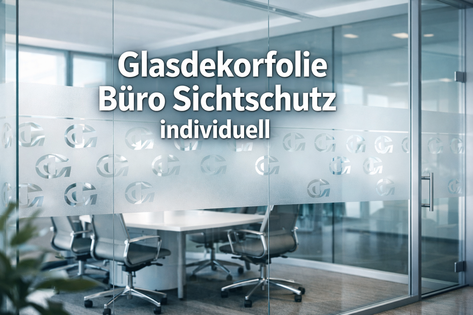 Professional landscape format (1536x1024) hero image featuring bold text overlay 'Glasdekorfolie Büro Sichtschutz individuell' in extra larg