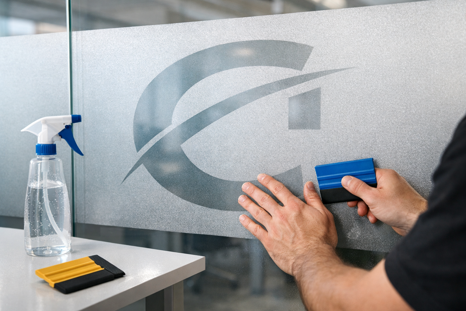 Landscape format (1536x1024) image showing close-up detail of frosted glass office partition with custom decorative film application, hands 