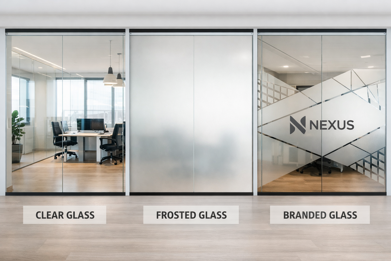 Landscape format (1536x1024) comparison visual showing three different glass partition styles side by side: plain transparent glass, standar
