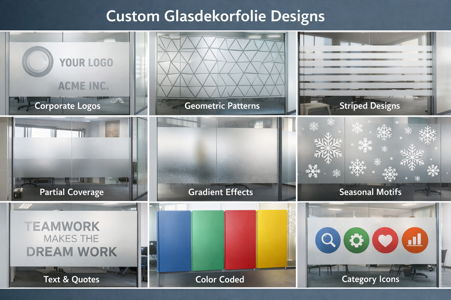 Landscape format (1536x1024) infographic-style image displaying various custom glasdekorfolie design options arranged in grid layout: corpor