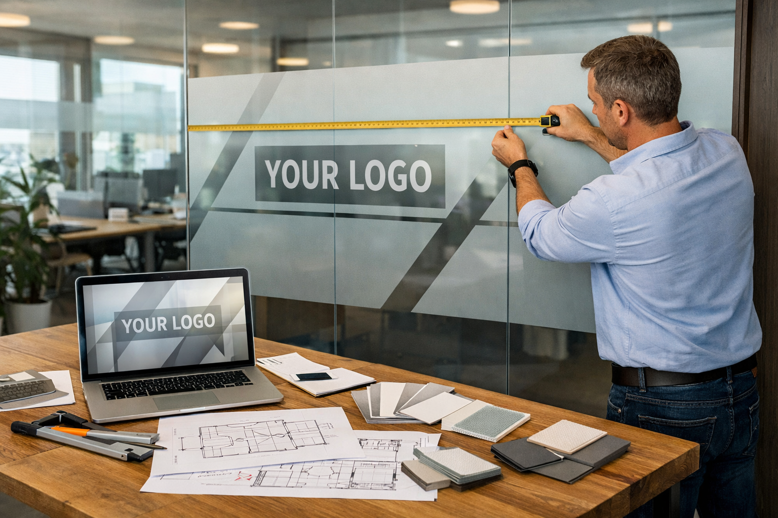 Landscape format (1536x1024) image showing professional measuring and planning process for glasdekorfolie installation, architect or designe