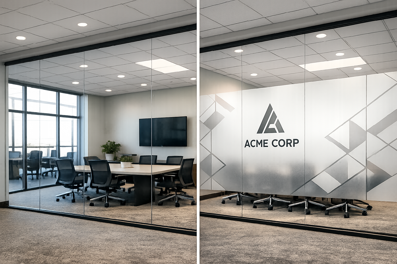 Landscape format (1536x1024) before-and-after split image of office conference room: left side shows plain transparent glass walls with priv