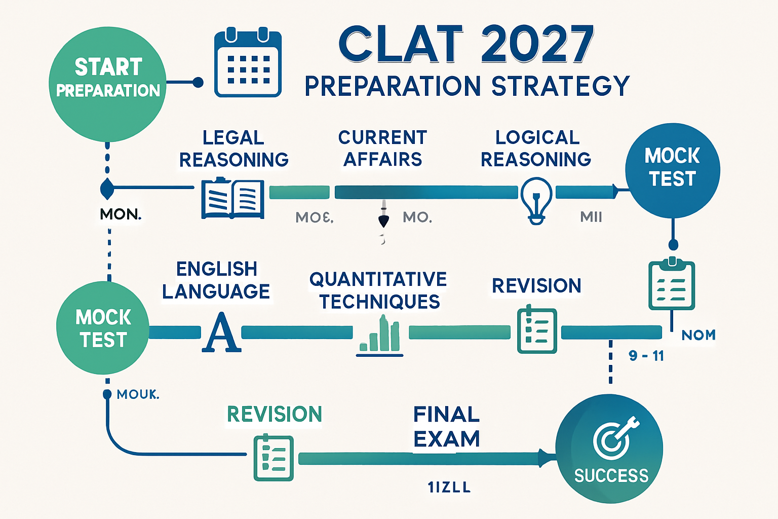 Comprehensive study strategy flowchart for CLAT 2027 preparation timeline spanning 12 months. Visual roadmap with milestone markers, subject