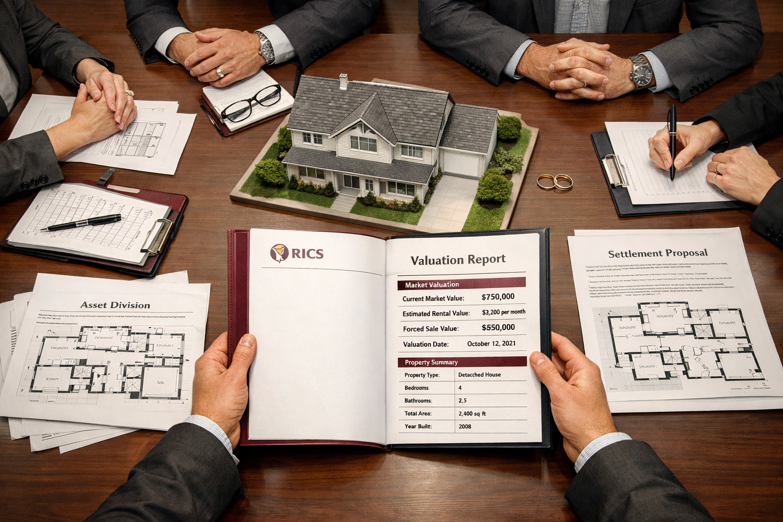() editorial illustration showing a divorce mediation table scene viewed from above: two opposing legal teams with property