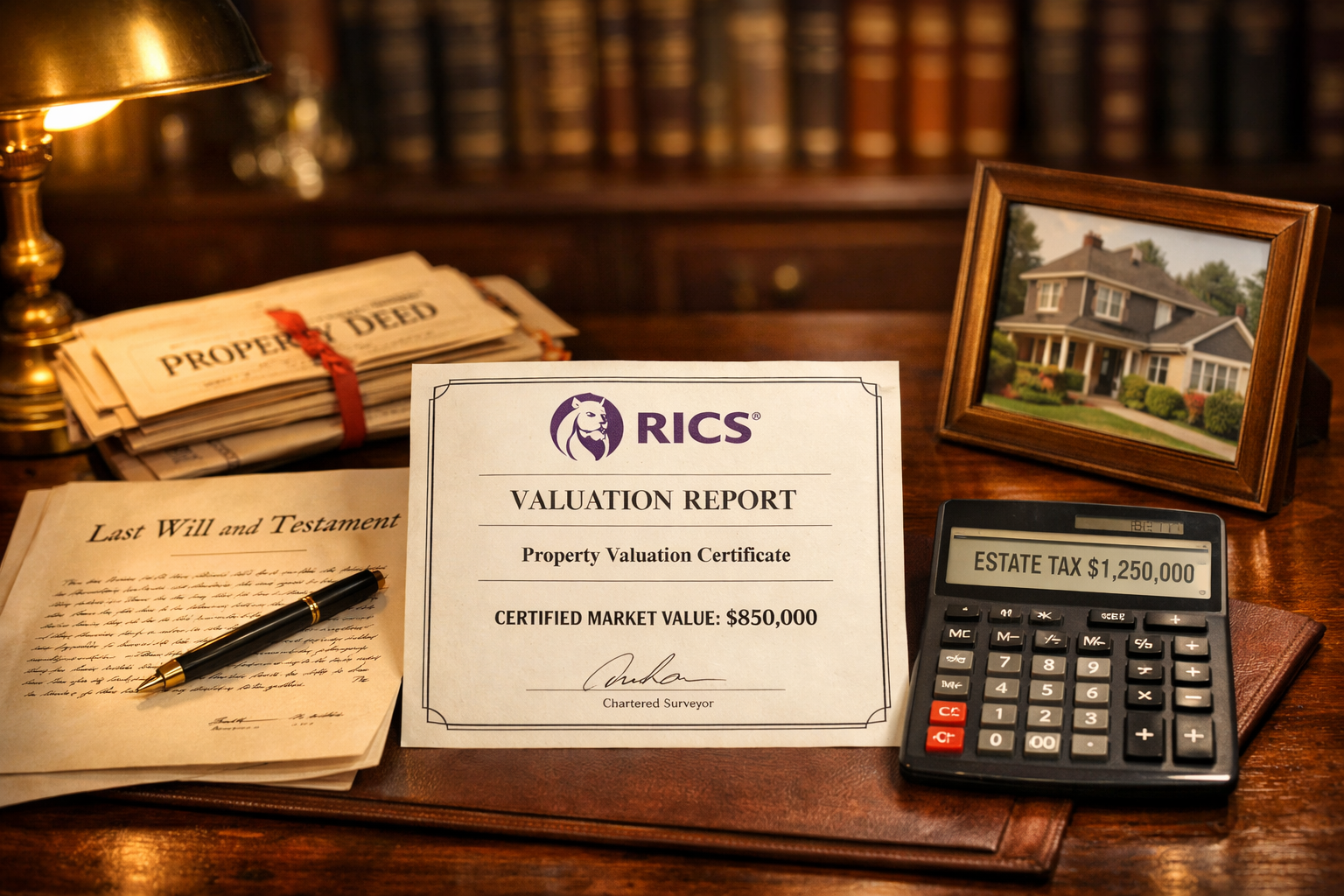 () editorial image depicting a probate and estate tax scenario: an antique wooden desk with an open Last Will and Testament