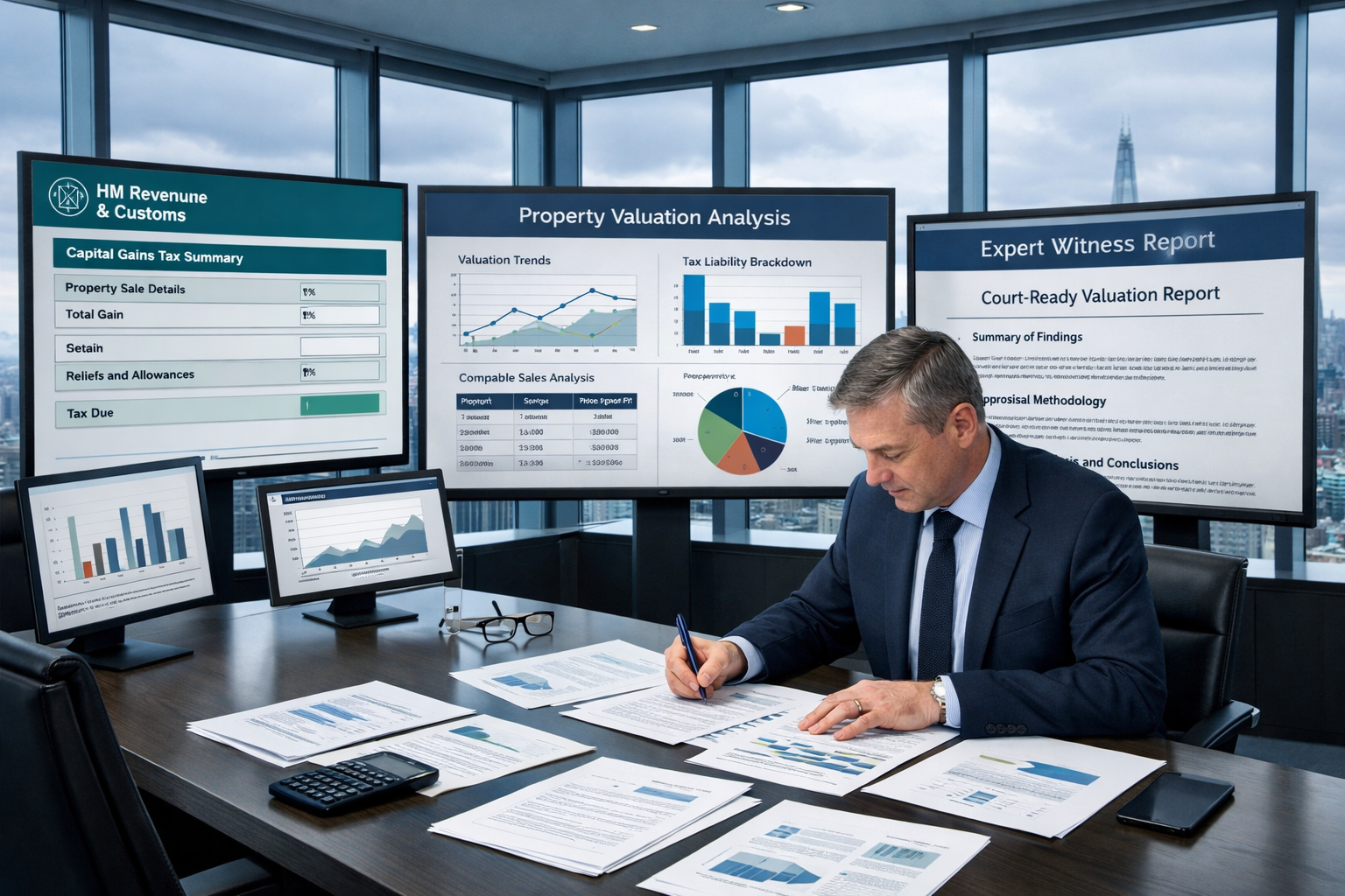 () wide-angle editorial photograph of a modern surveyor's office with multiple screens displaying property valuation data