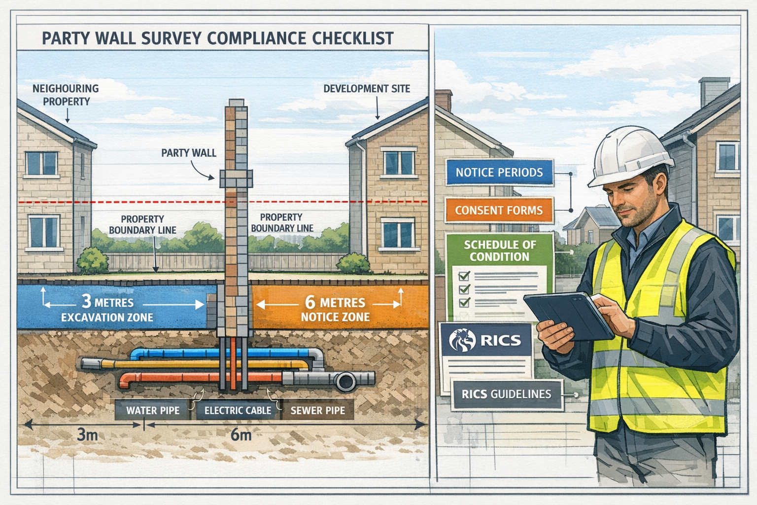 Detailed landscape format (1536x1024) illustration showing party wall survey compliance checklist for infrastructure projects. Split-screen