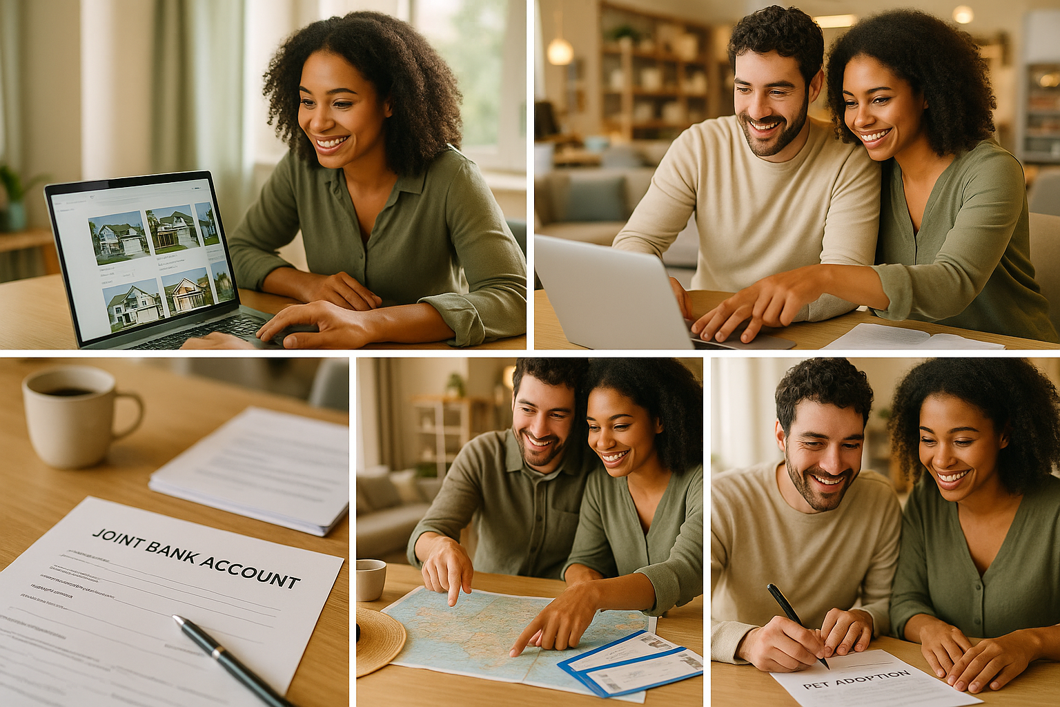 Wanneer wil een man trouwen? 25 signalen die het verraden (en wat je ermee kunt) 1 Lifestyle photography montage depicting concrete commitment behaviors: man and woman looking at house listings together on laptop, couple at