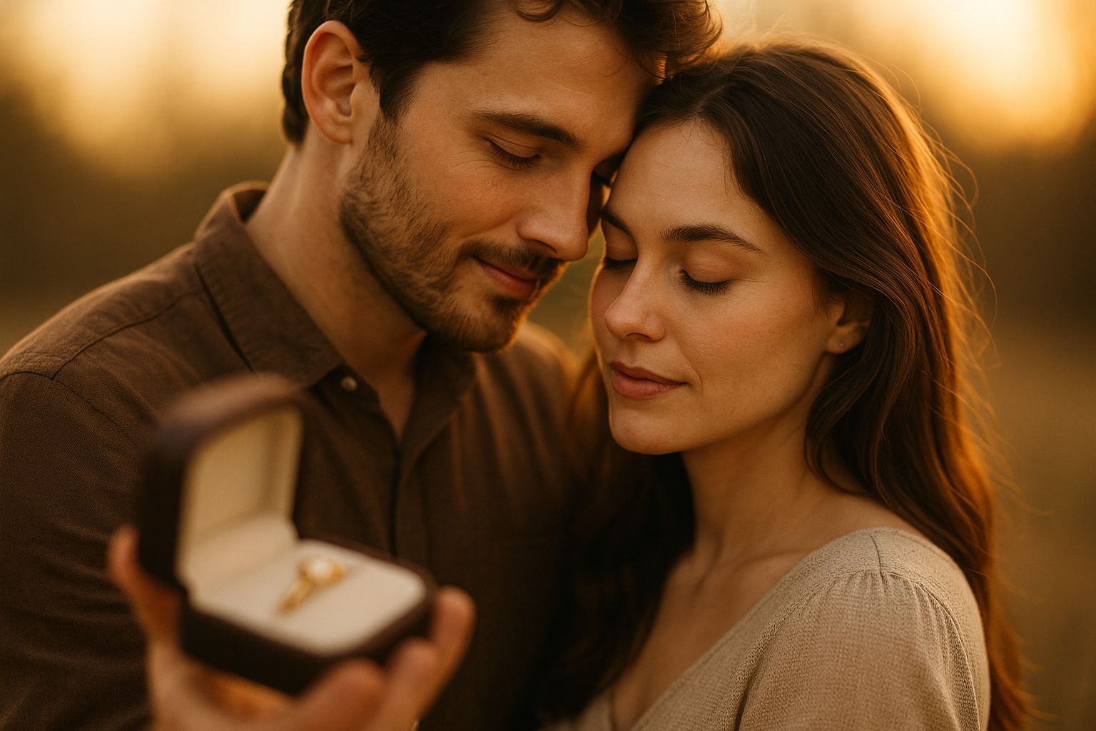 Wanneer wil een man trouwen? 25 signalen die het verraden (en wat je ermee kunt) 2 Emotional intimate portrait of couple in close embrace, man looking lovingly at woman with genuine affection, soft focus background, golden