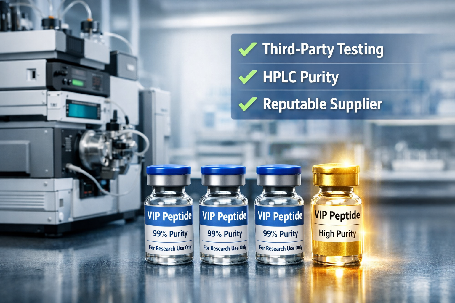 An editorial quality landscape image (1536x1024) depicting a clean, well-lit laboratory environment. The foreground shows a series of labele