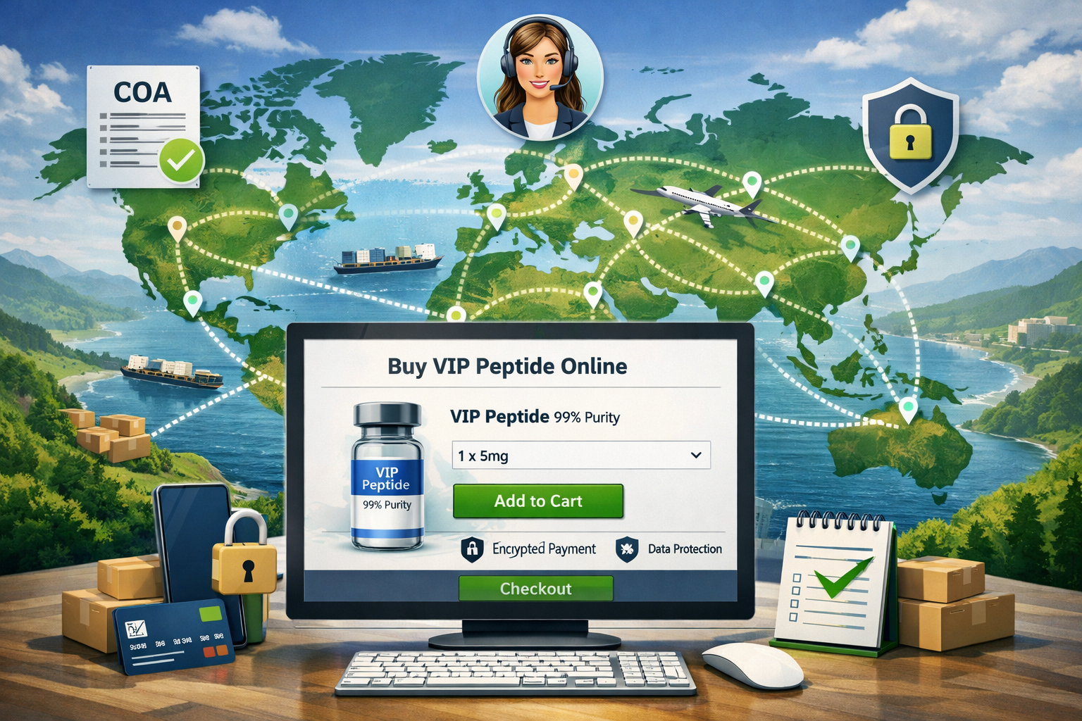 A landscape image (1536x1024) with a dynamic composition illustrating the global supply chain for research peptides. The image features a st