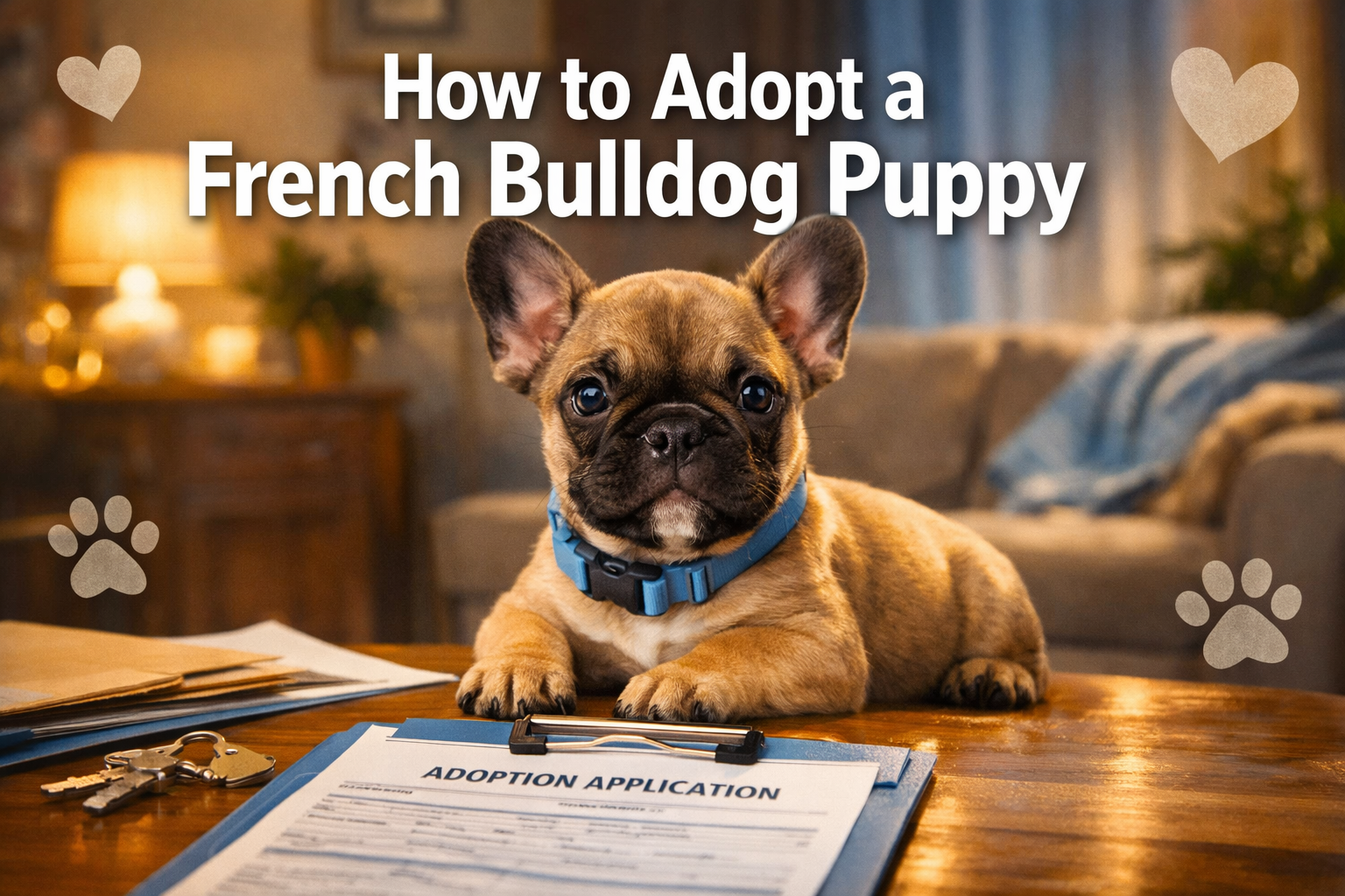 Professional landscape format (1536x1024) hero image featuring bold text overlay 'How to Adopt a French Bulldog Puppy' in extra large 72pt w
