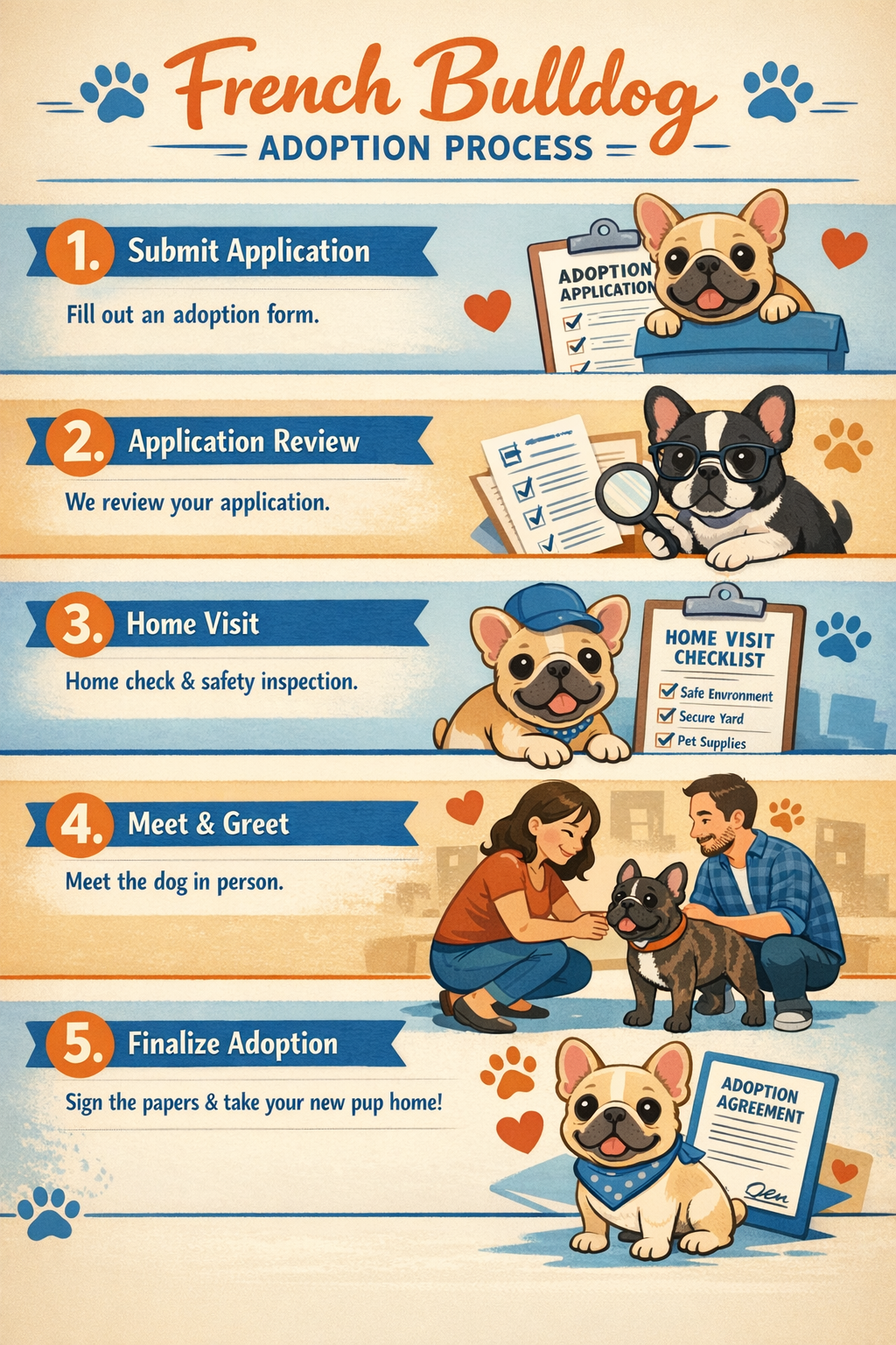 Portrait format (1024x1536) infographic showing French Bulldog adoption process timeline with numbered steps, cute Frenchie illustrations at