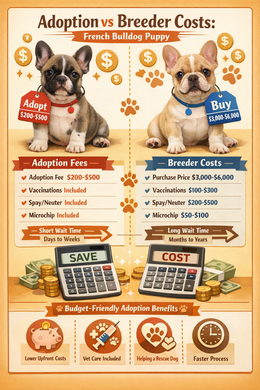 Portrait format (1024x1536) comparison chart showing adoption vs breeder costs breakdown, French Bulldog puppy with price tags, calculator i