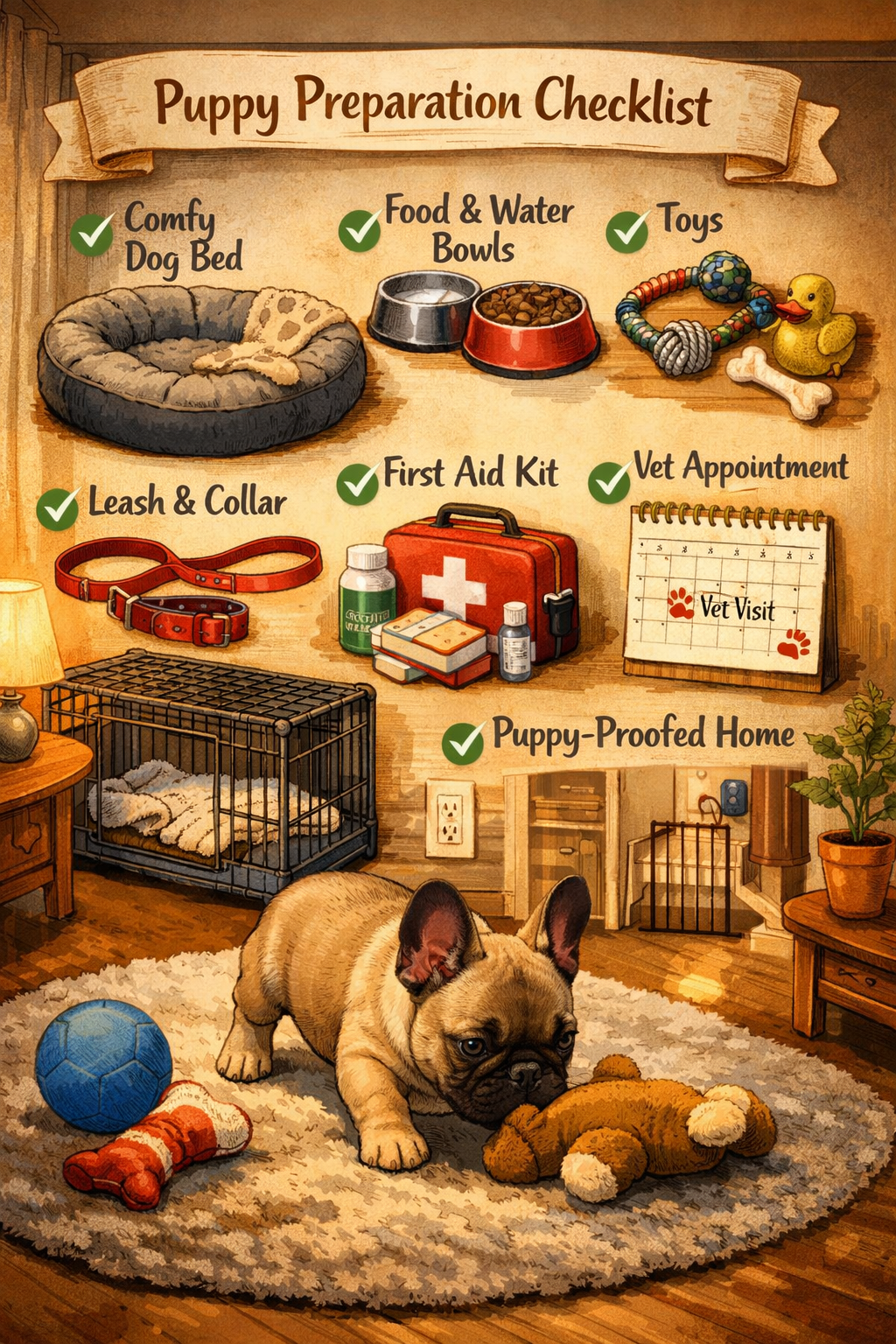 Portrait format (1024x1536) illustration of French Bulldog puppy preparation checklist with essential items laid out - dog bed, food bowls, 