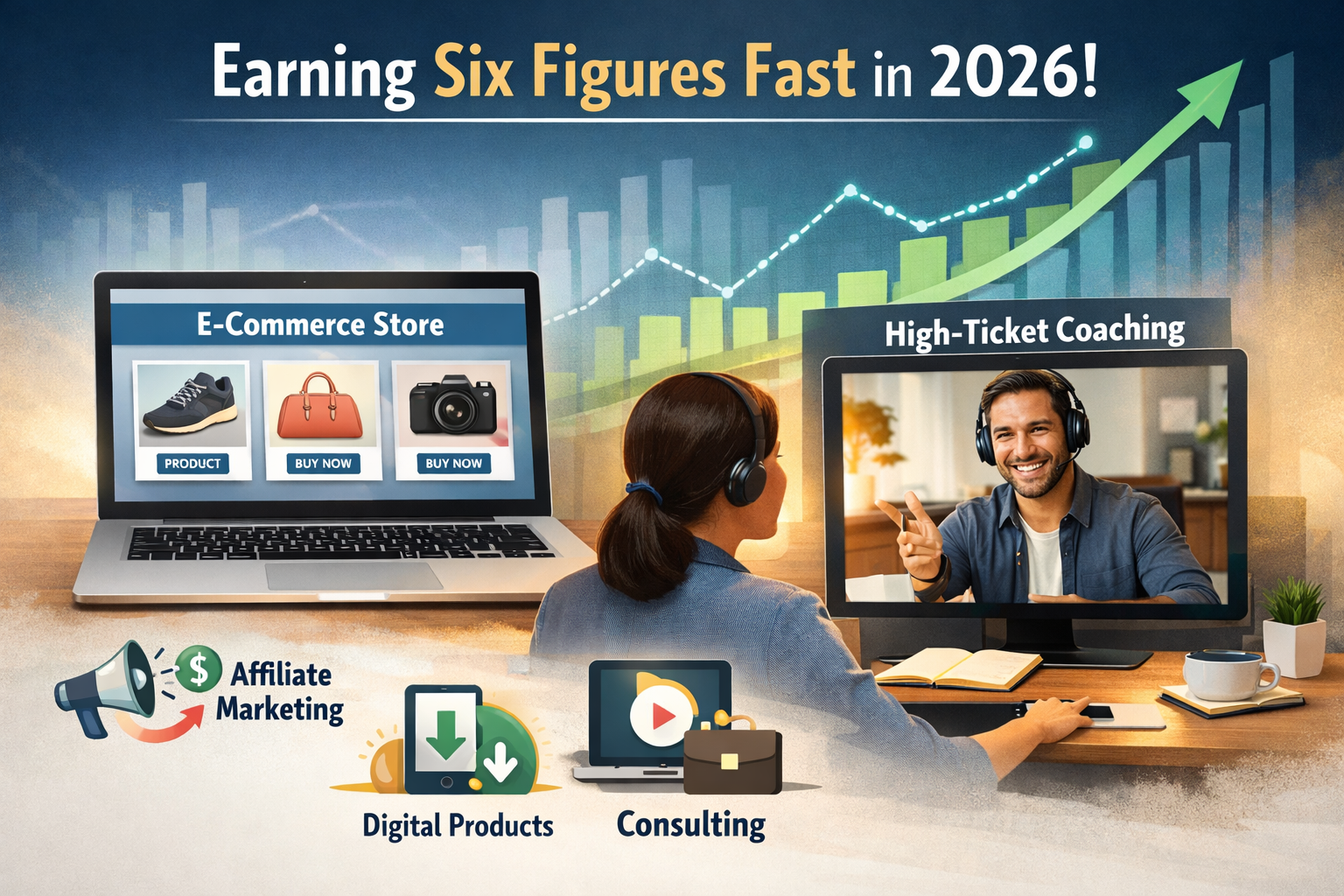 Landscape format (1536x1024) image illustrating various digital income streams. On one side, a laptop screen displays 'E-commerce Store' wit