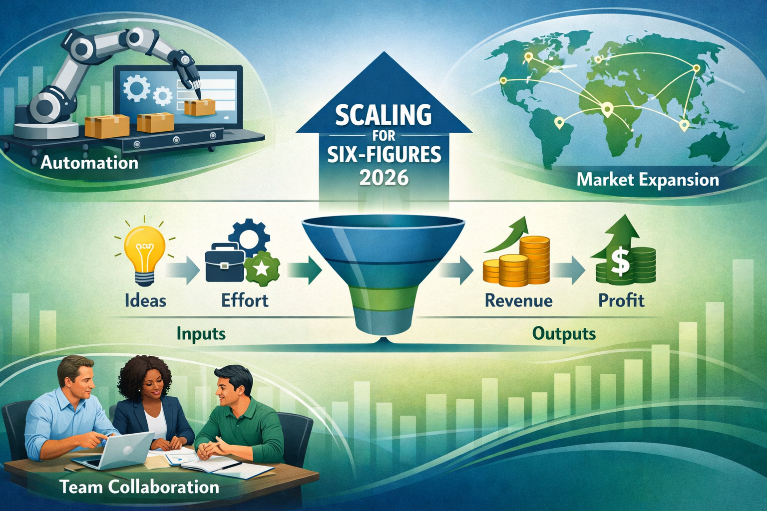 Landscape format (1536x1024) image depicting the strategic scaling of a business. A central infographic shows a simplified business model wi