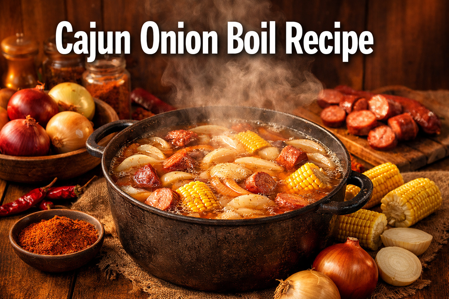 Professional landscape hero image (1536x1024) featuring bold text overlay 'Cajun Onion Boil Recipe' in extra large 72pt white sans-serif fon