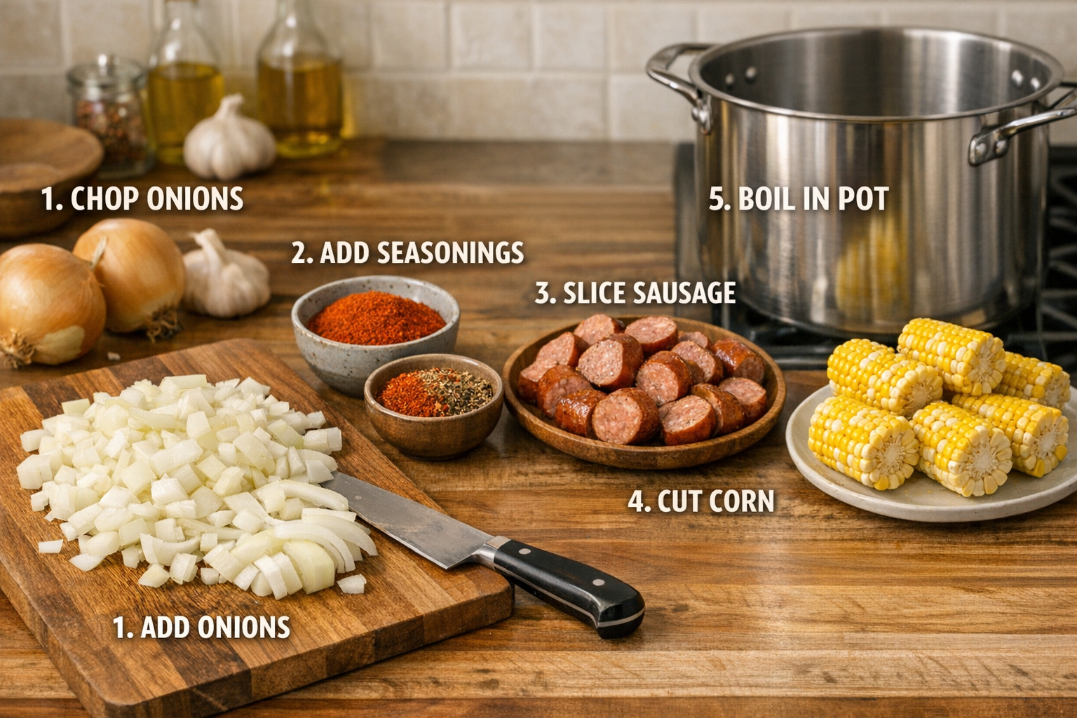Detailed landscape image (1536x1024) showing step-by-step Cajun onion boil preparation with numbered overlay text. Features fresh yellow oni