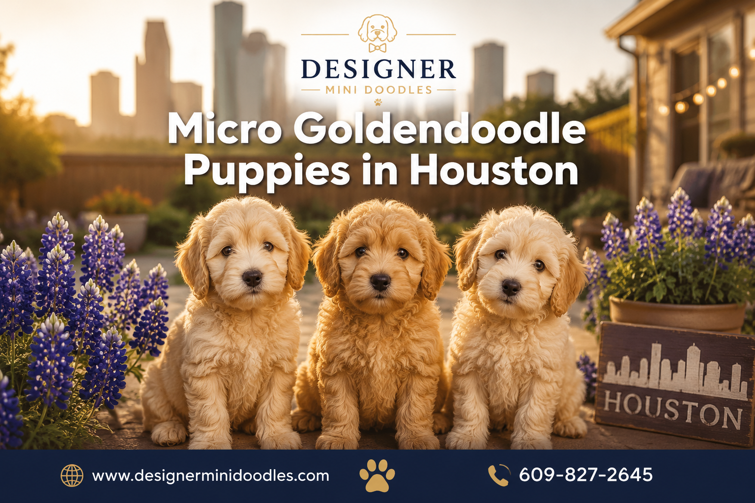 Professional () editorial hero image with 'Micro Goldendoodle Puppies in Houston' in white with subtle drop , centered upper