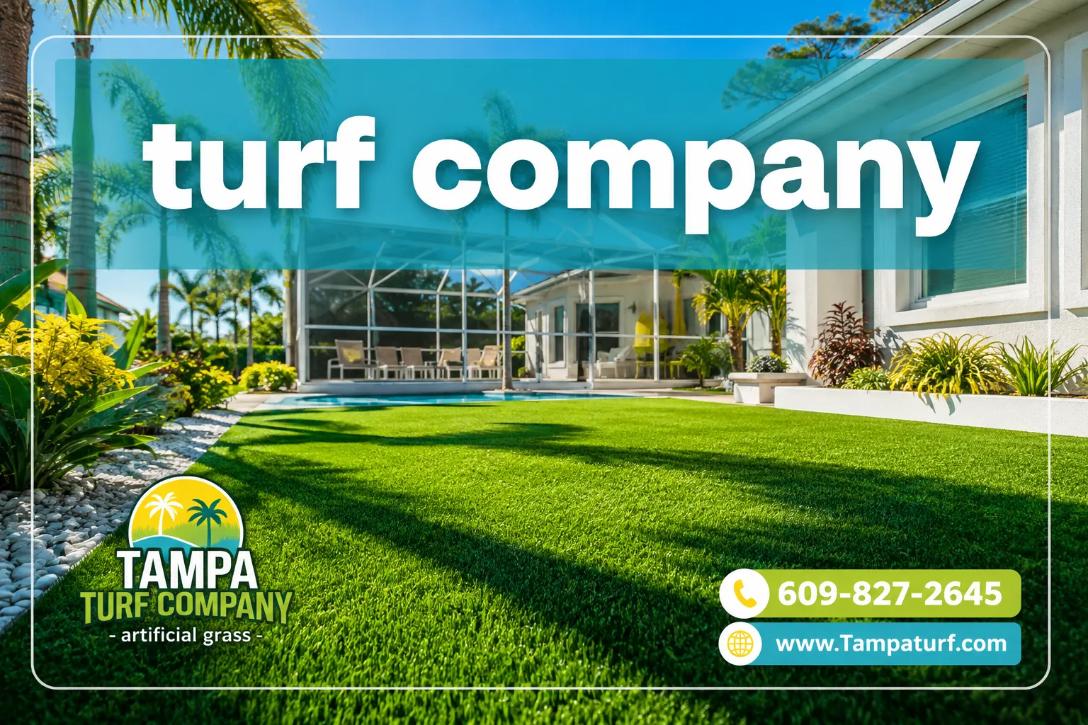 Professional () editorial hero image with SHORT : 'turf company' in large modern white on a semi-transparent turquoise