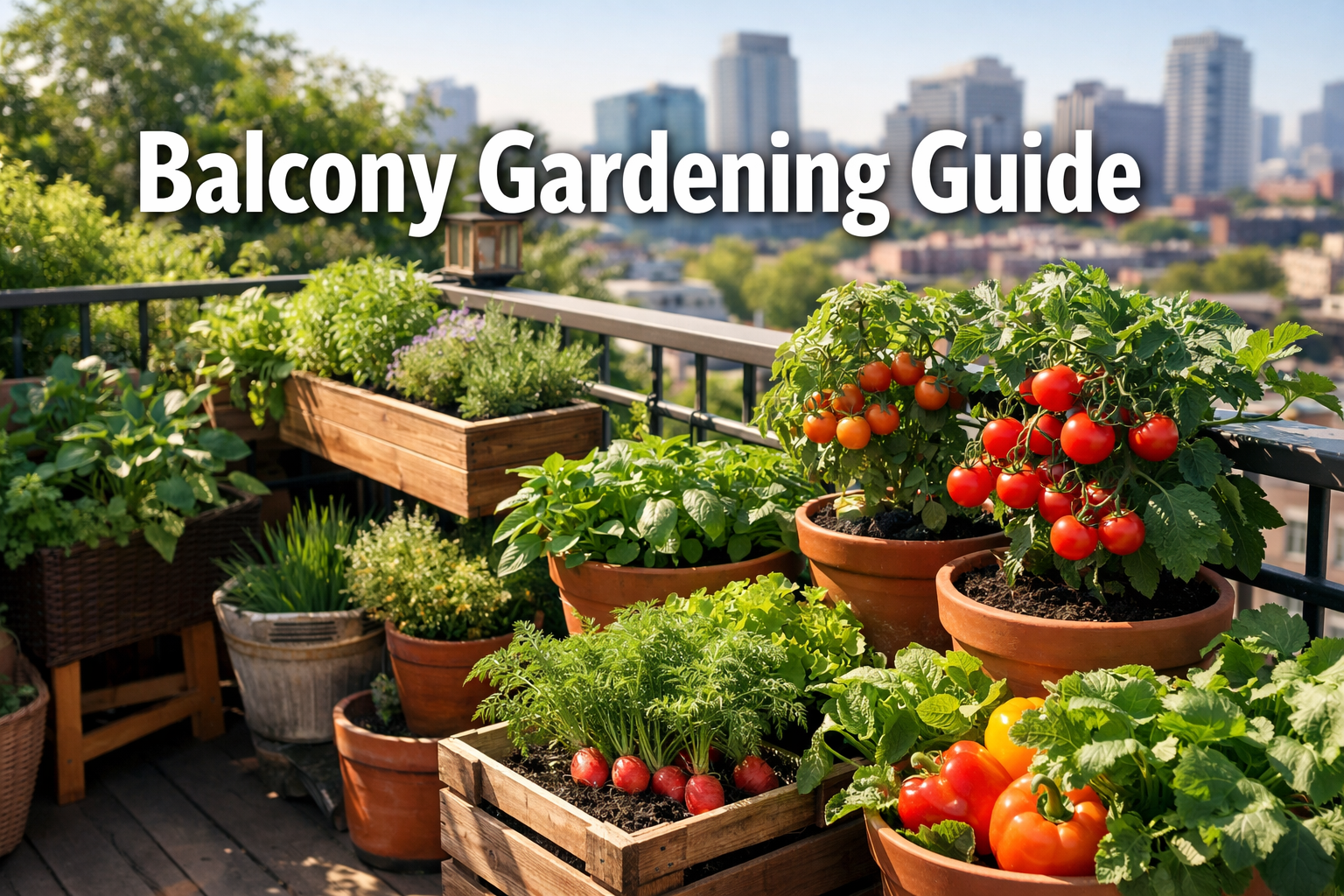 All images must be as if shot with an SLR camera Professional () hero image featuring 'Balcony Gardening Guide' in extra