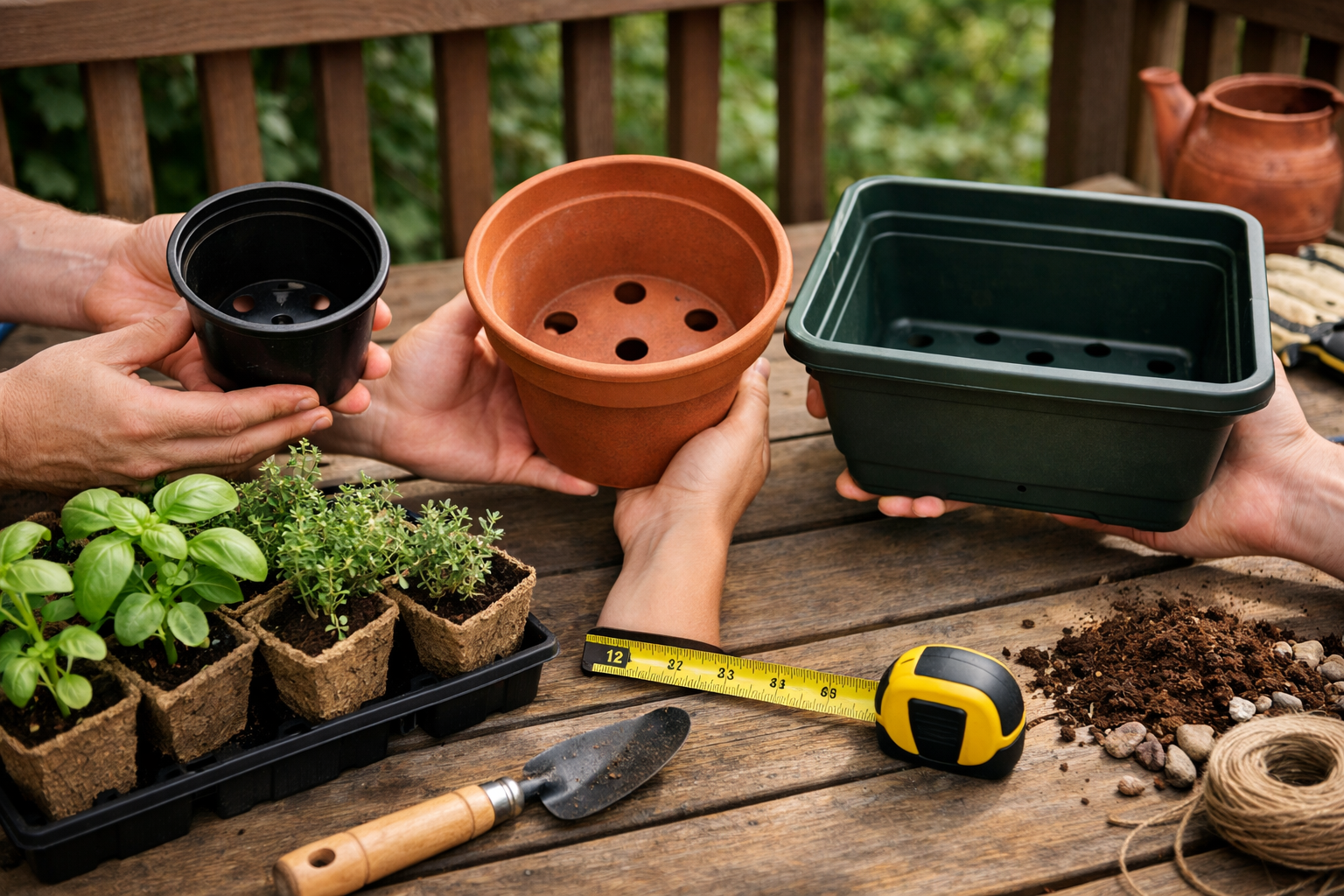 All images must be as if shot with an SLR camera () image showing hands holding different sized containers and pots on