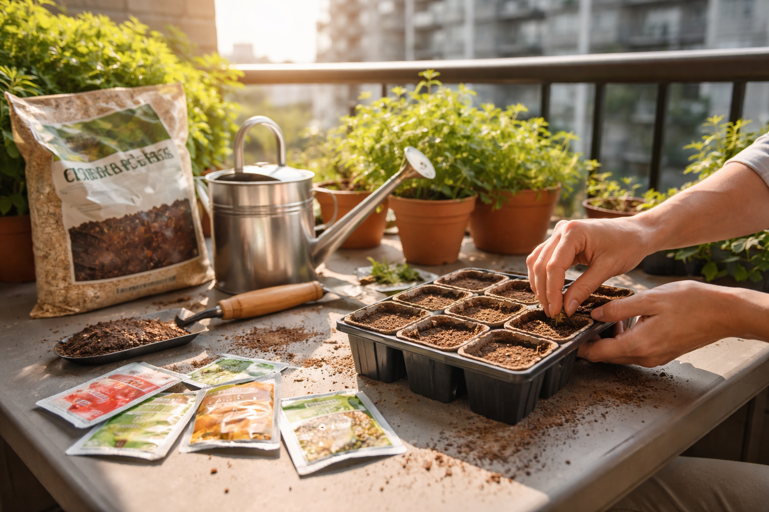 All images must be as if shot with an SLR camera () image of person's hands planting seeds in small containers on sunny