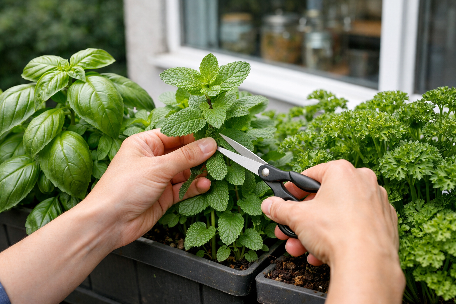All images must be as if shot with an SLR camera () close-up image of thriving balcony herb garden with mature basil, mint,
