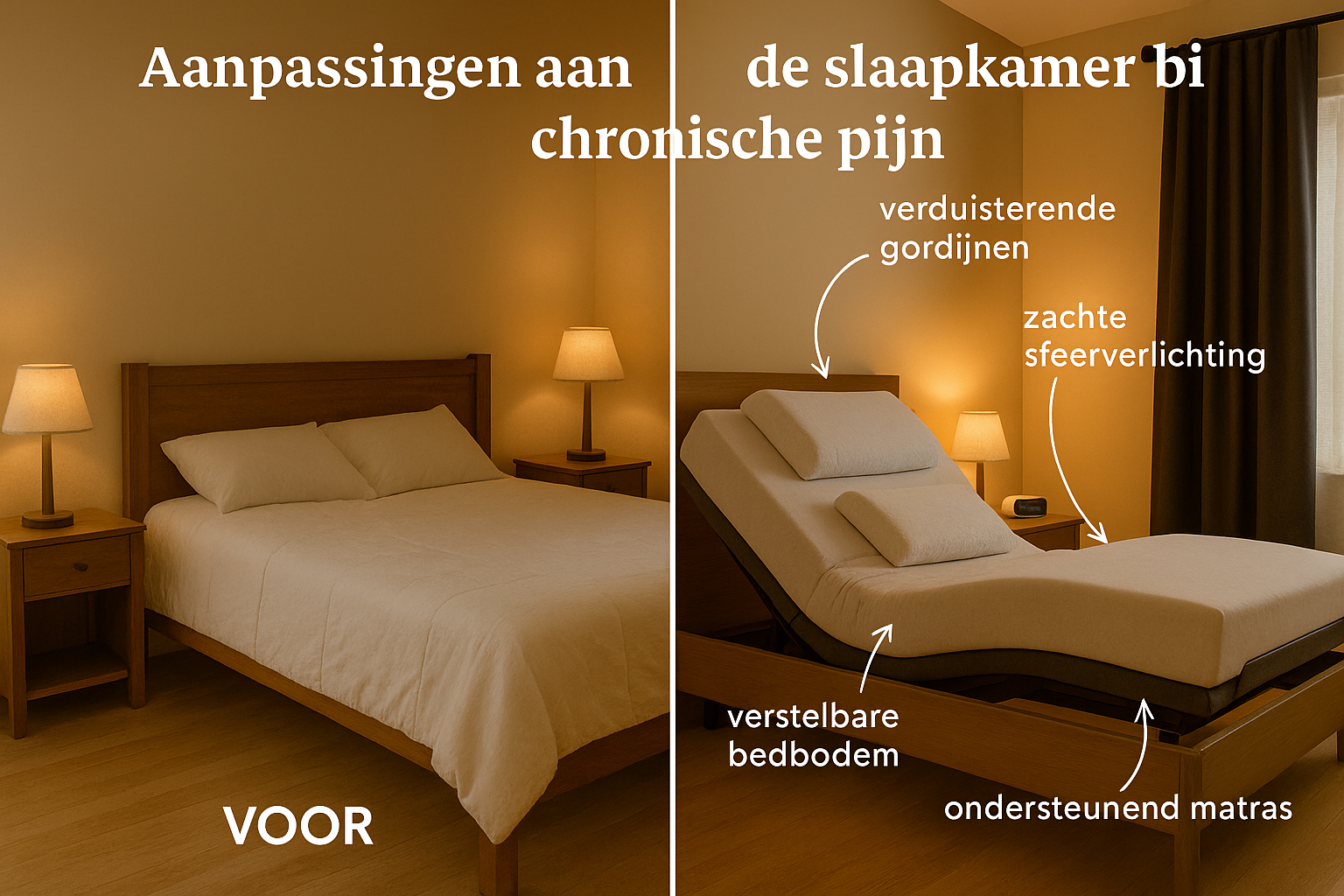 Landscape editorial image (1536x1024) depicting practical bedroom adjustments for chronic pain management. Split-screen composition showing 