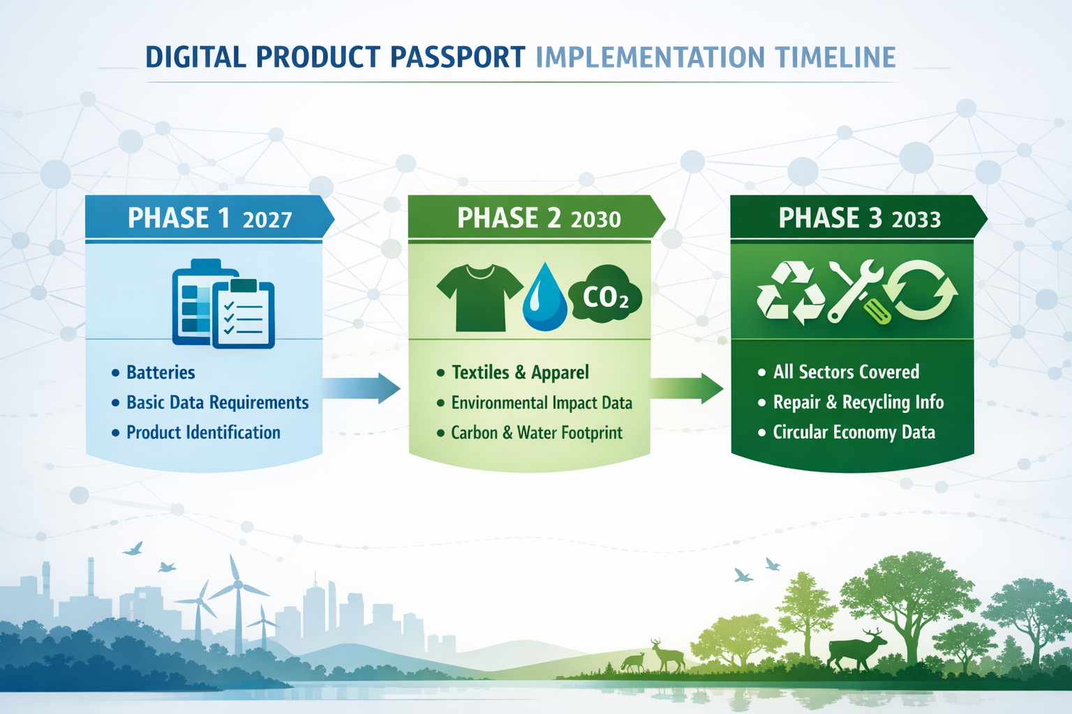 Landscape format (1536x1024) detailed infographic showing the three-phase Digital Product Passport implementation timeline from 2027 to 2033