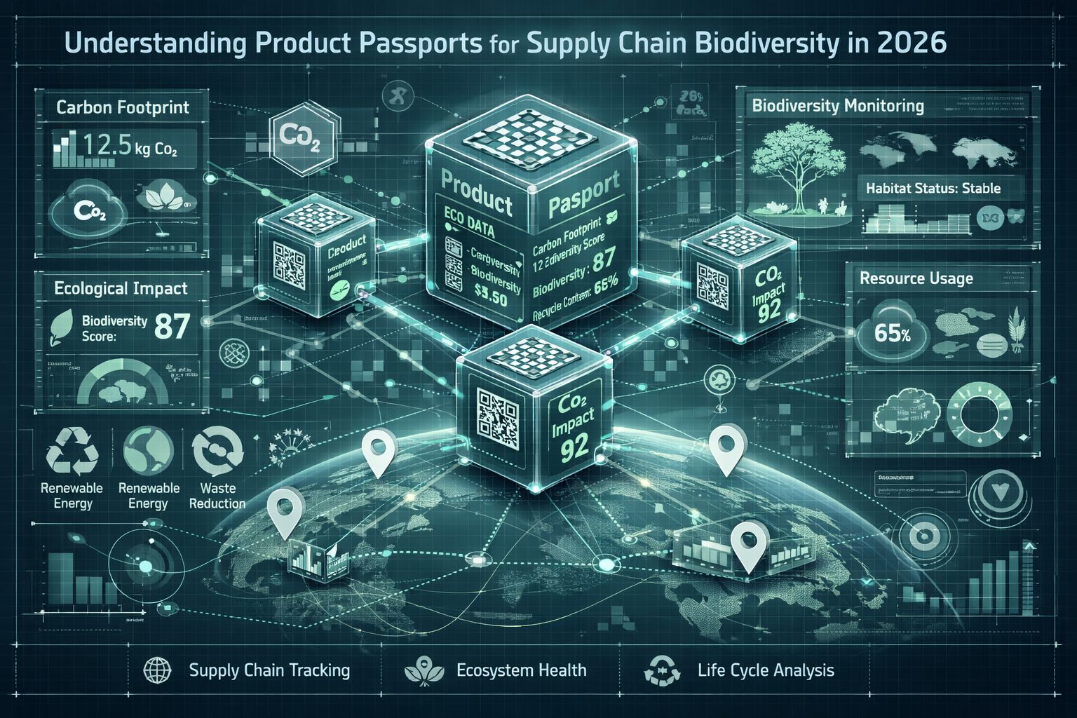 Futuristic editorial infographic visualizing 'Understanding Product Passports for Supply Chain Biodiversity in 2026' - central isometric dia