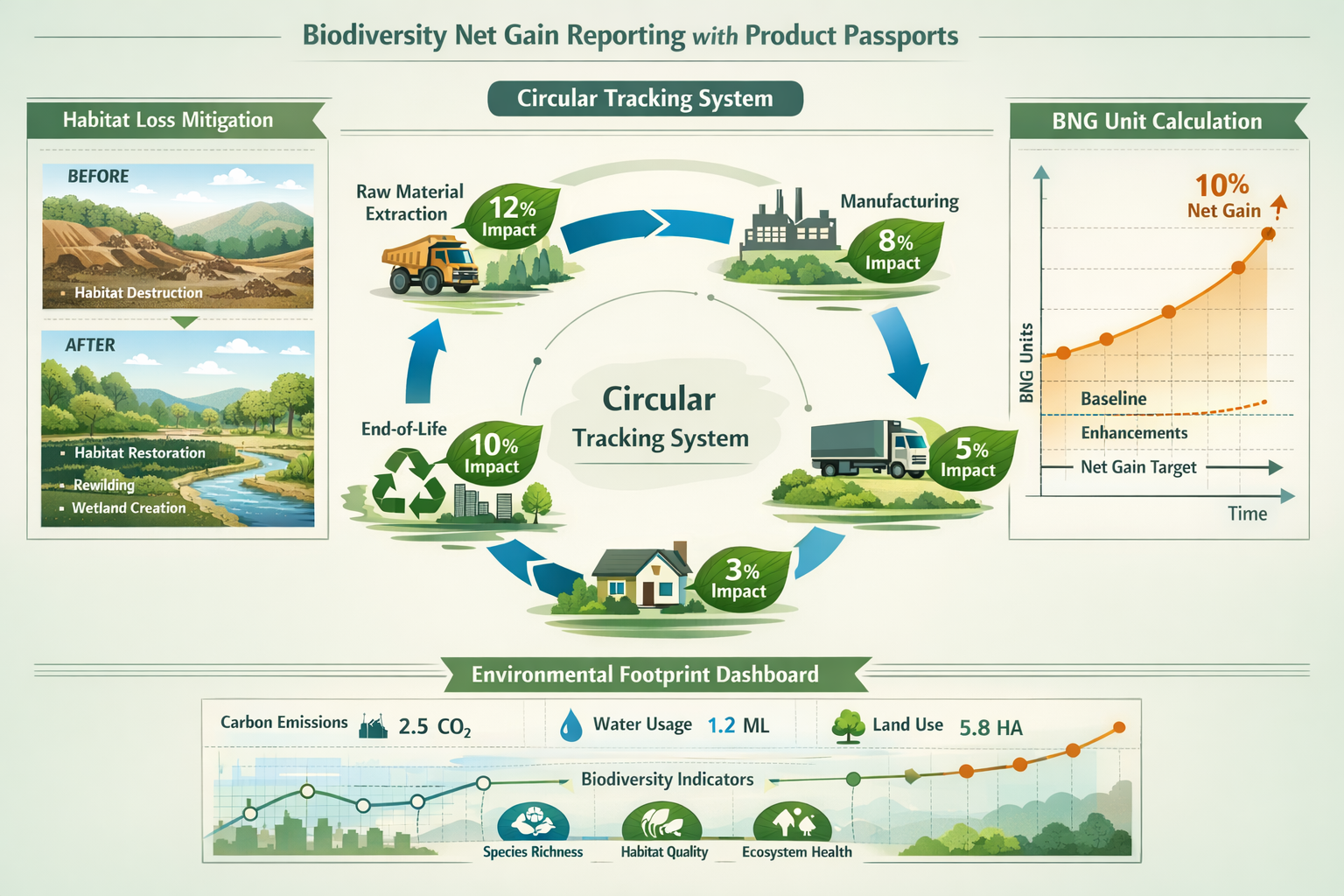 Landscape format (1536x1024) detailed diagram illustrating circular tracking system for Biodiversity Net Gain reporting using product passpo
