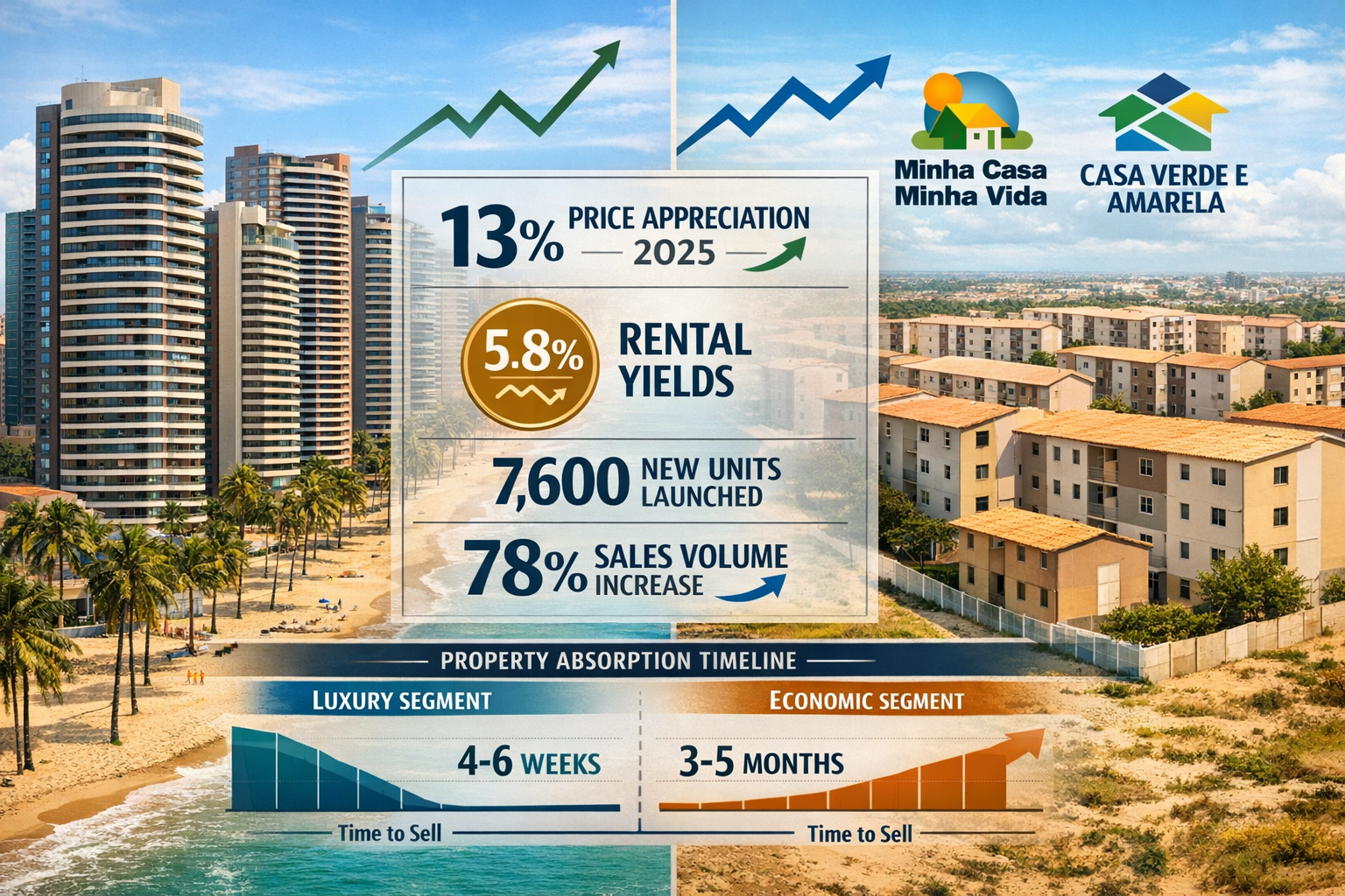 Landscape format (1536x1024) professional real estate market analysis visualization featuring split-screen comparison: left side shows luxur
