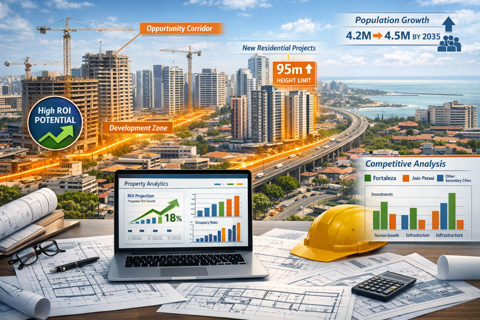 Landscape format (1536x1024) strategic developer opportunity visualization showing Fortaleza cityscape with highlighted investment zones and