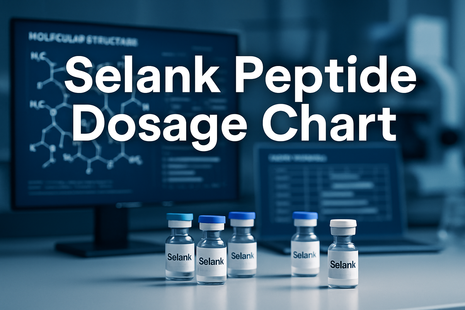 Professional landscape hero image (1536x1024) featuring bold text overlay 'Selank Peptide Dosage Chart' in extra large 72pt white sans-serif