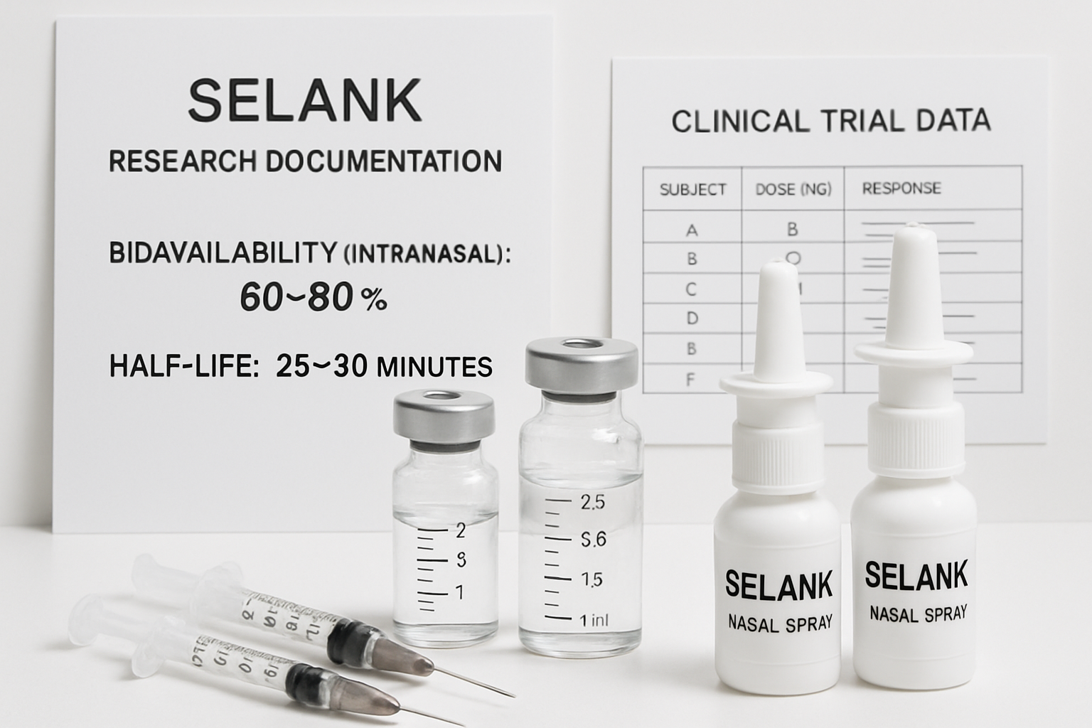 Professional laboratory scene showing Selank nasal spray bottles and injection vials with measurement markings, dosing syringes, research do