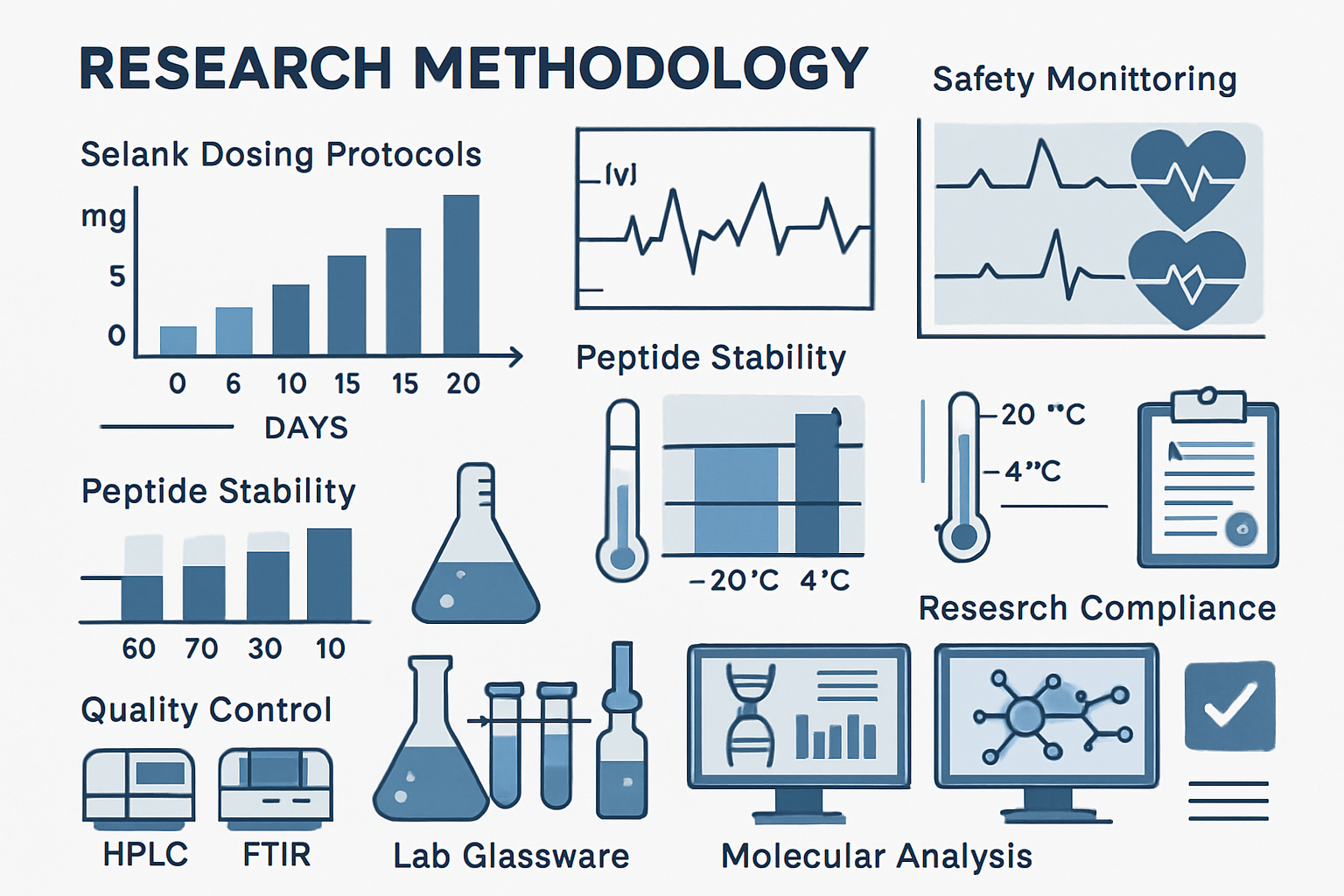 Research methodology visualization displaying Selank dosing protocols with timeline charts, safety monitoring graphs, peptide stability data