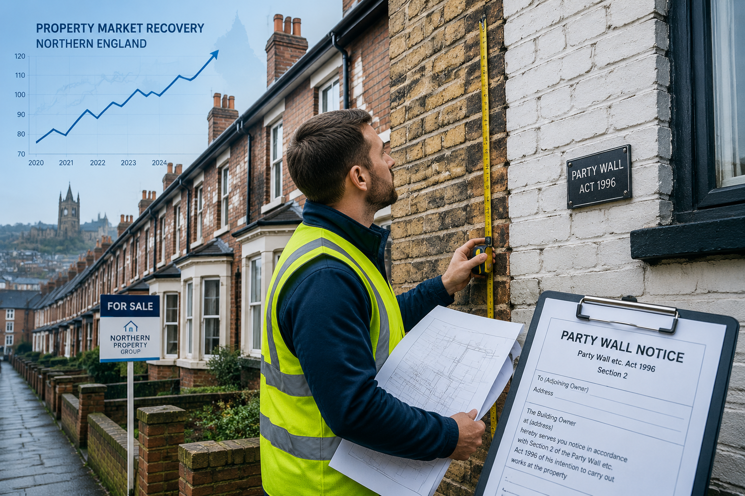 Detailed () editorial illustration showing a surveyor in high-visibility vest holding architectural drawings while standing