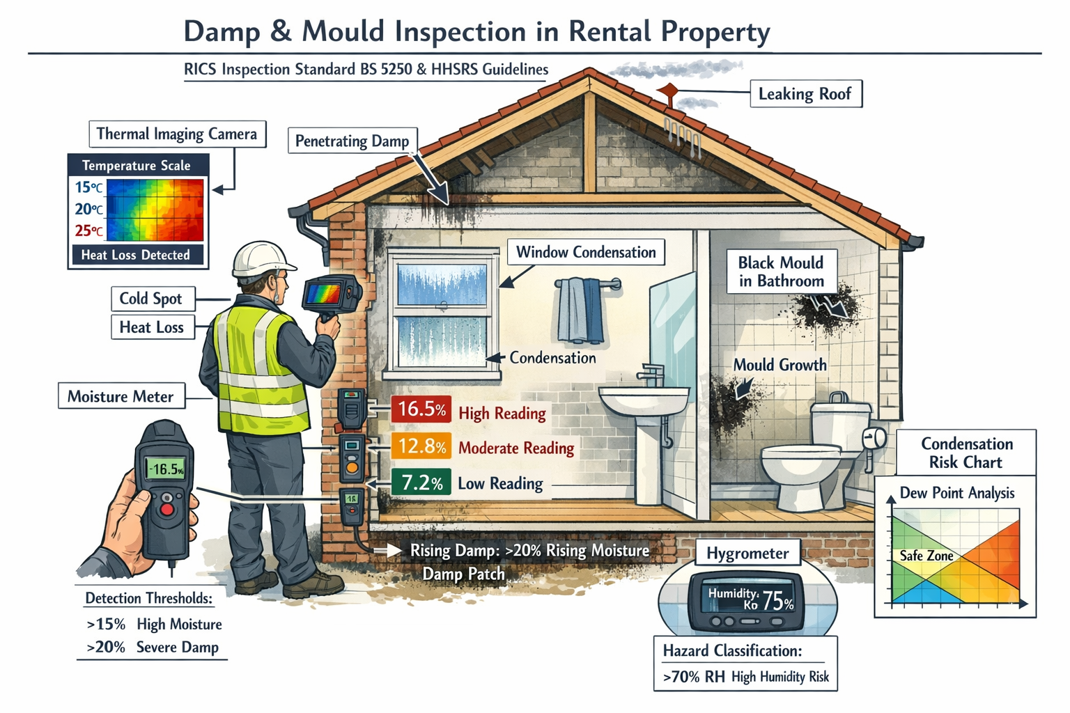 Landscape format (1536x1024) technical illustration showing comprehensive damp and mould detection methodology in rental property cross-sect